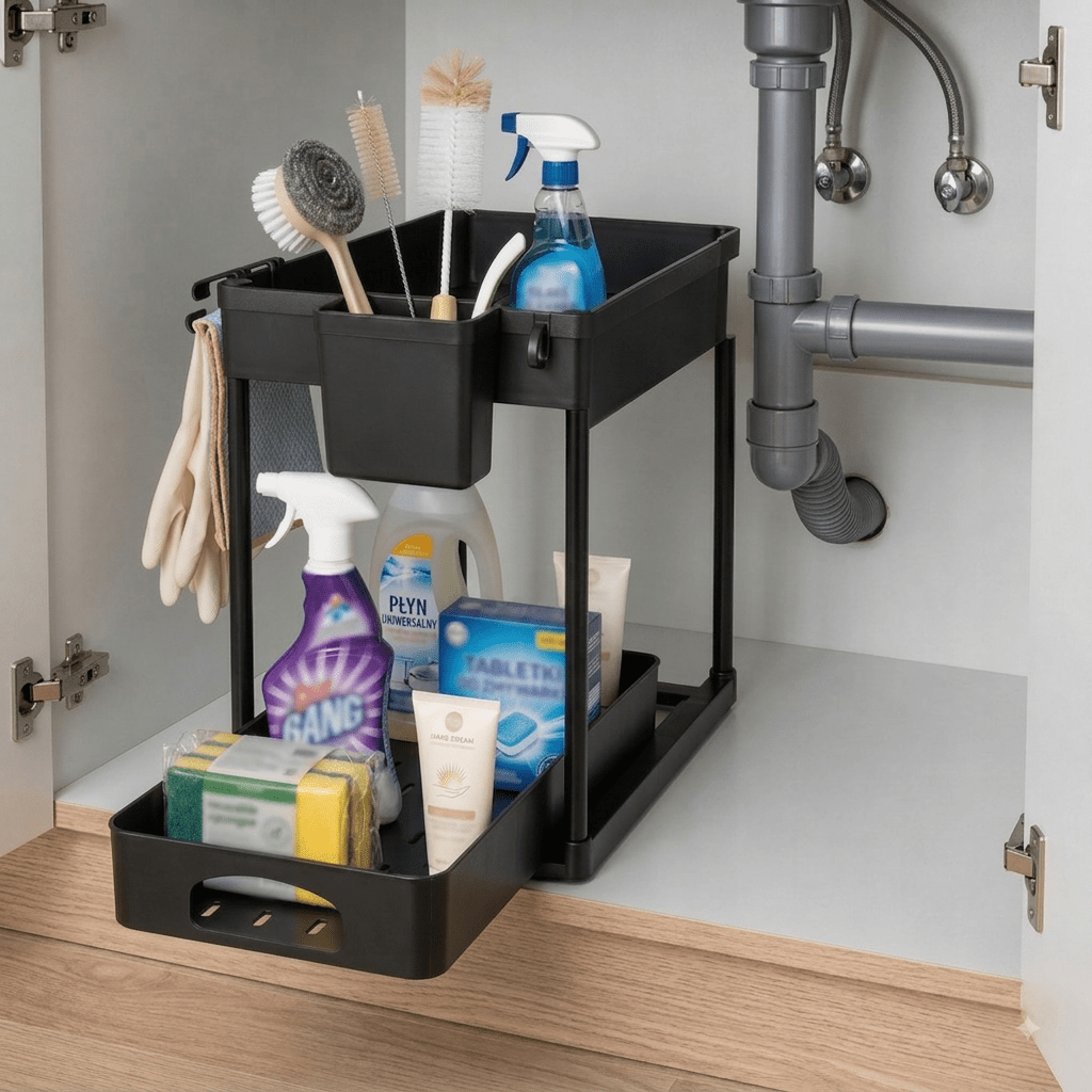 Image of 2-tier Under-sink Organizer With Pull-out Drawer, Black Storage Shelf For Kitchen & Bathroom, Sliding Shelf With Side Container, 4 Hooks, Ventilated Shelves & Non-slip Feet, Space-saving