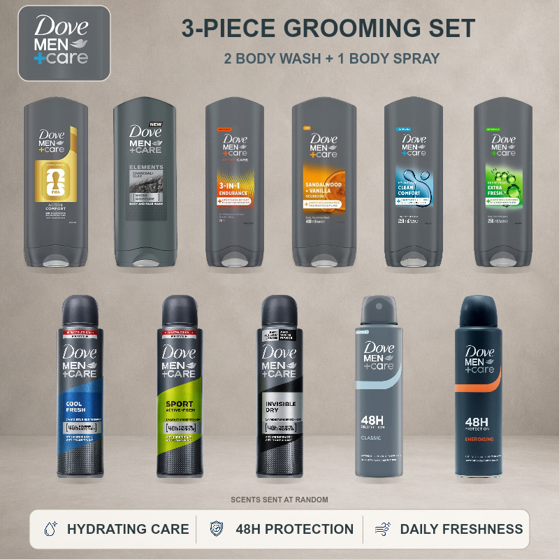 TEMU Men+care Grooming Set 3 Pack - 2x Hydrating Body Wash Shower Gel 250ml & 1x Antiperspirant Deodorant Body Spray 150ml - 48h Sweat & Odour