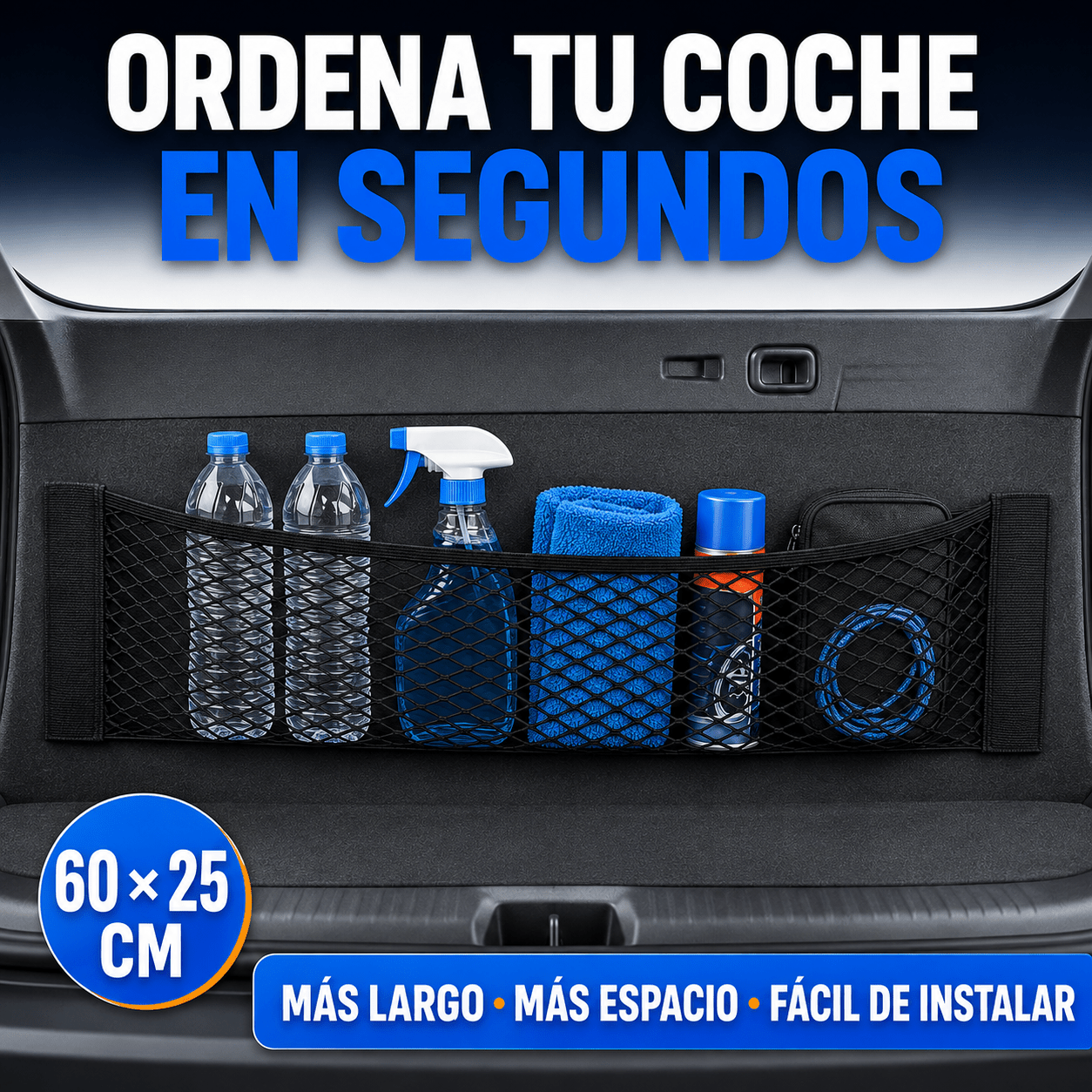 TEMU Organizador de Maletero para Coche 60 × 25 cm, Red Elástica de Almacenamiento con Fijación de Gancho y Bucle, Bolsa de Malla Autoadhesiva
