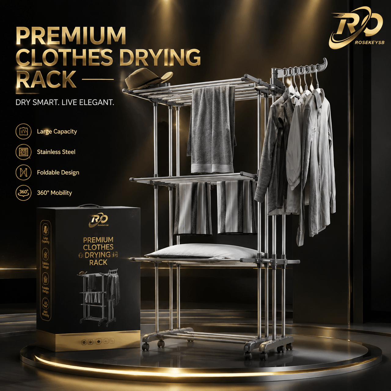 Image of Foldable 3-tier 360° Rotating Laundry Drying Rack With Wheels – Space- Metal Dryer For Clothes, Towels, Socks, And Shoes