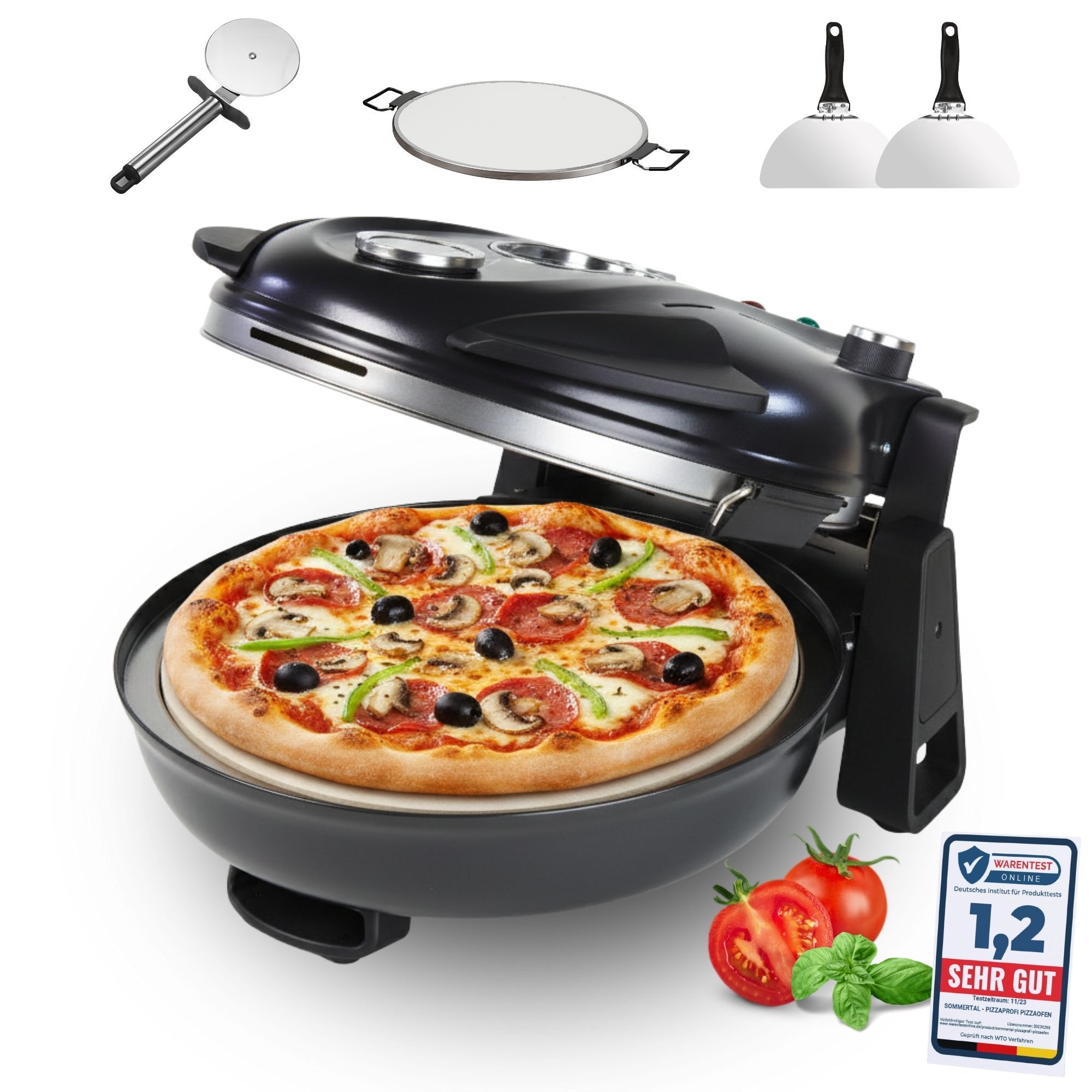 Image of Pizzaprofi Oven With 32/39 Cm Pizza Stone, Electric Pizza Oven Up To 380°c, , 5-piece Set With Pan Insert, 2 Pizza & Pizza Cutter
