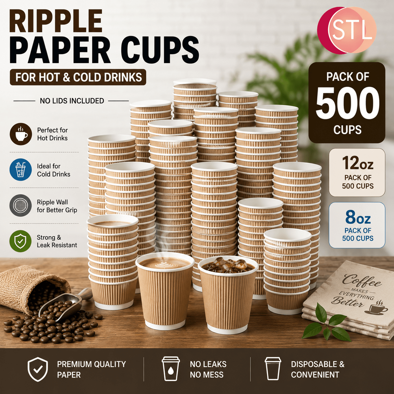 TEMU Stl Ripple Wall Paper Cups 8oz / 12oz – Pack Of 500 Disposable Coffee Cups, Double Wall Corrugated Hot Drink Cups, Insulated Tea, Coffee, Hot