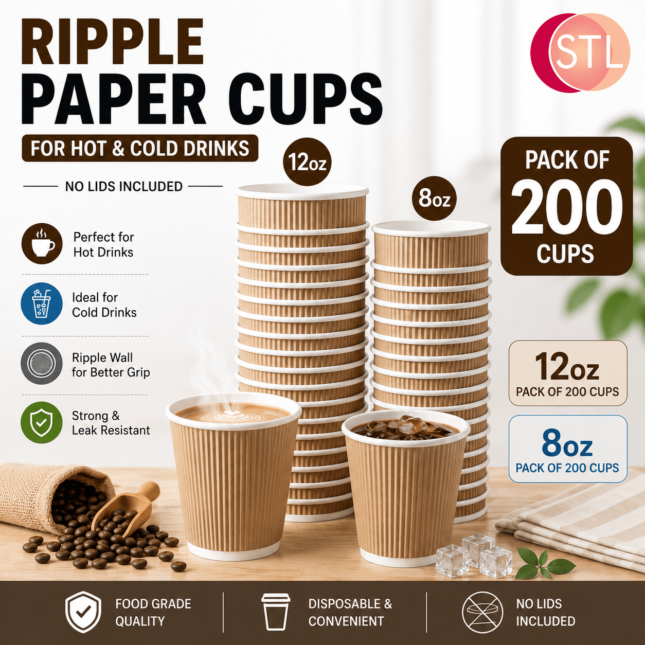 TEMU Stl Ripple Wall Paper Cups 8oz / 12oz – Pack Of 200 Disposable Coffee Cups, Double Wall Corrugated Hot Drink Cups, Insulated Tea, Coffee, Hot