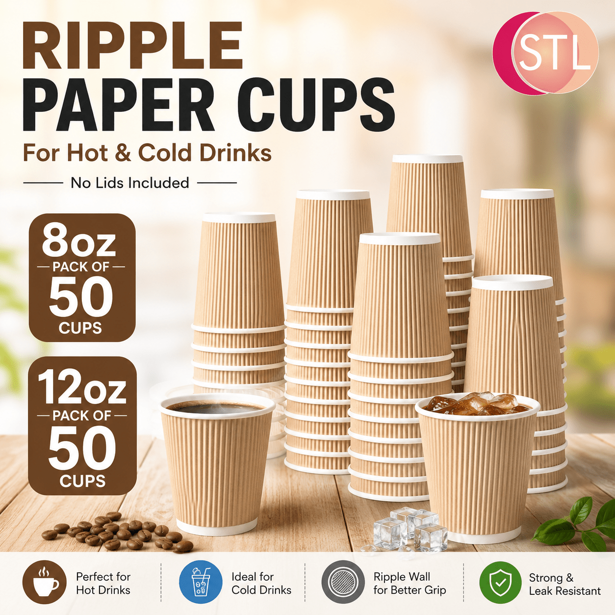 TEMU Stl Ripple Wall Paper Cups 8oz / 12oz – Pack Of 50 Disposable Coffee Cups, Double Wall Corrugated Hot Drink Cups, Insulated Tea, Coffee, Hot