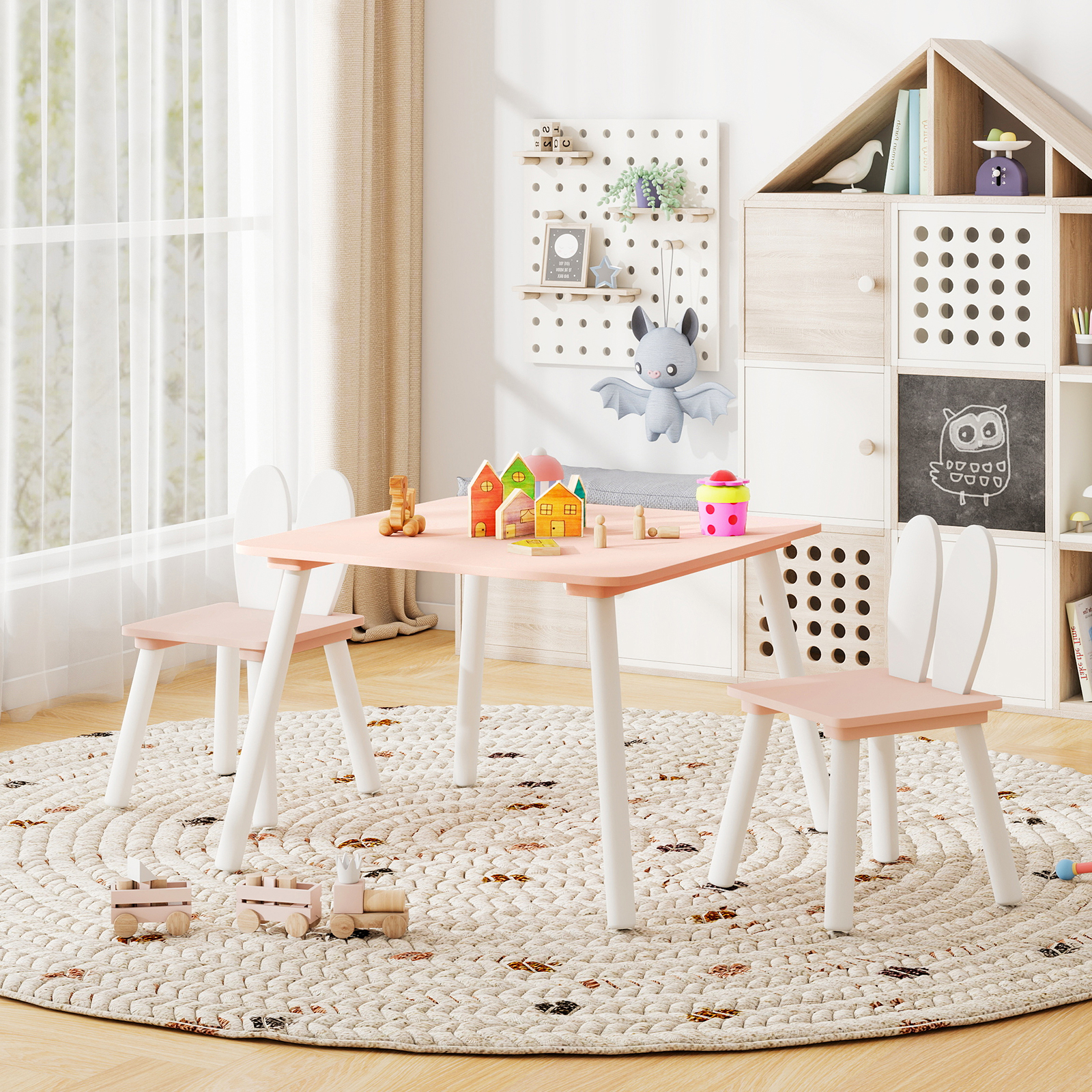 Image of Kids Table And Chairs Set, Square Activity Table & 2 Bunny Chairs For Reading, Drawing, Eating, Doing Crafts, 3pcs Children Furniture For 3-6 Years Old Boys And Girls, Pink
