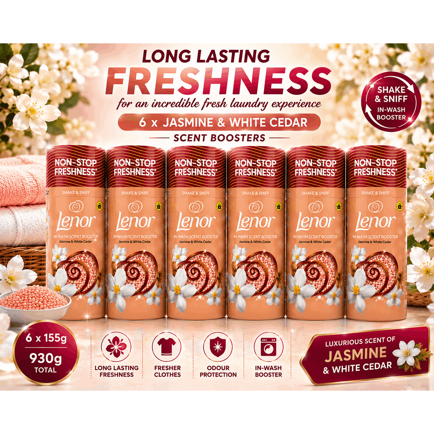TEMU Jasmine & White Cedar In-wash Scent Booster 6 Pack – 6 X 155g – Long-lasting Laundry Fragrance