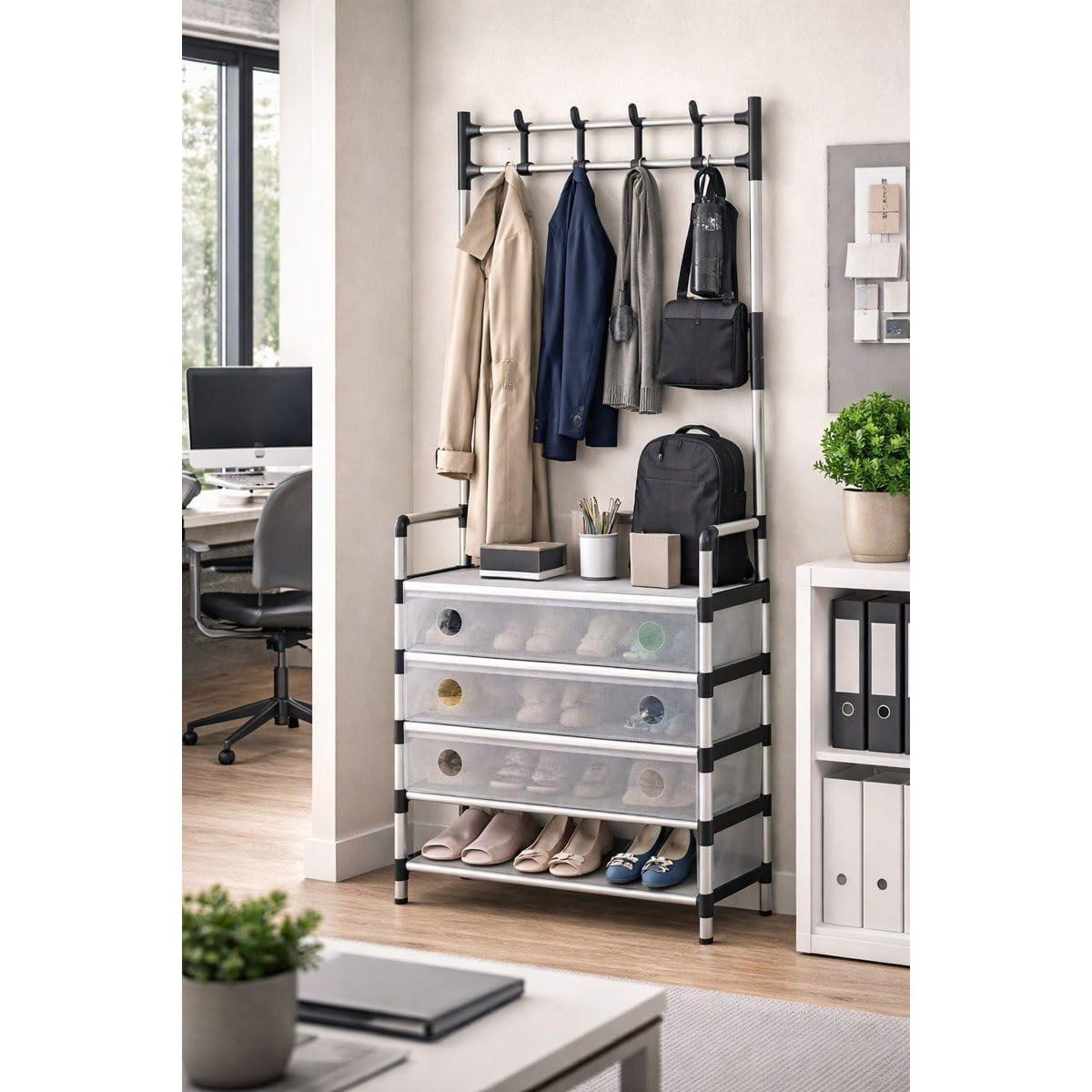 TEMU Cecaro Group Appendiabiti Multifunzione con Scarpiera Integrata 8 Ganci, Copertura Antipolvere, Struttura in Acciaio, Design Salvaspazio per e