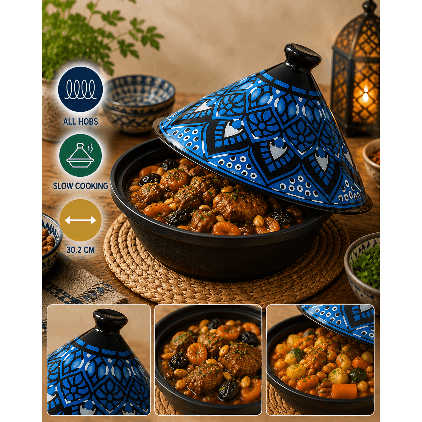 TEMU en Fonte d’Aluminium Bleu 30,2 cm – Plat de Cuisson avec Couvercle Conique, Compatible Induction, Gaz, Vitrocéramique et Électrique