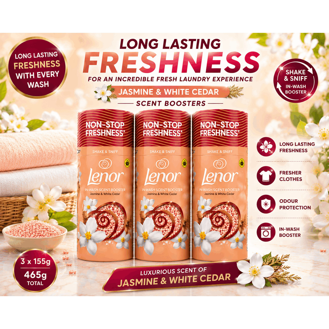 TEMU Jasmine & White Cedar In-wash Scent Booster 3 Pack – 3 X 155g – Long-lasting Laundry Fragrance