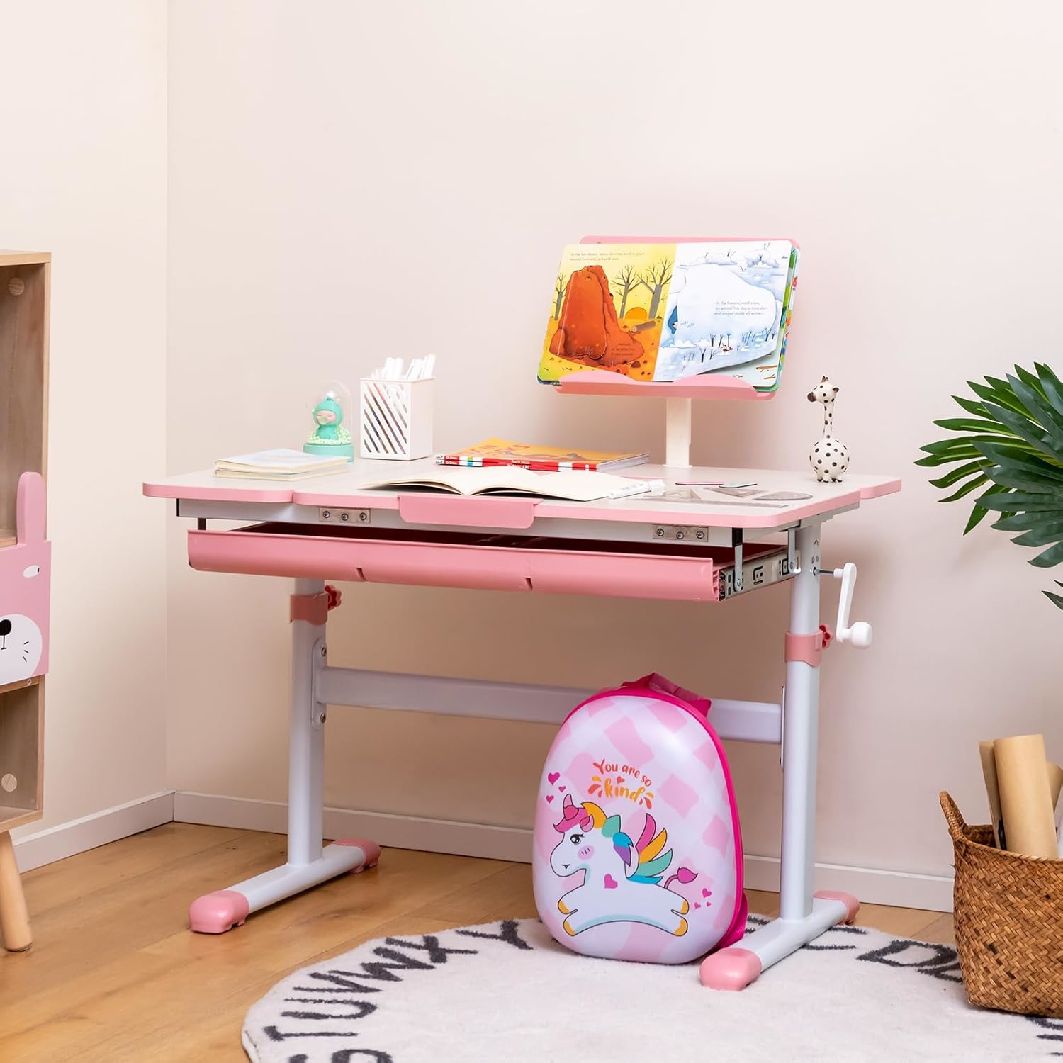Children Writing Desk With Surface, Height-adjustable Kids Ergonomic Desk With Book Holder, Storage Drawer & Built-in Ruler, Versatile Study Table For Study Room, Classroom And Preschool