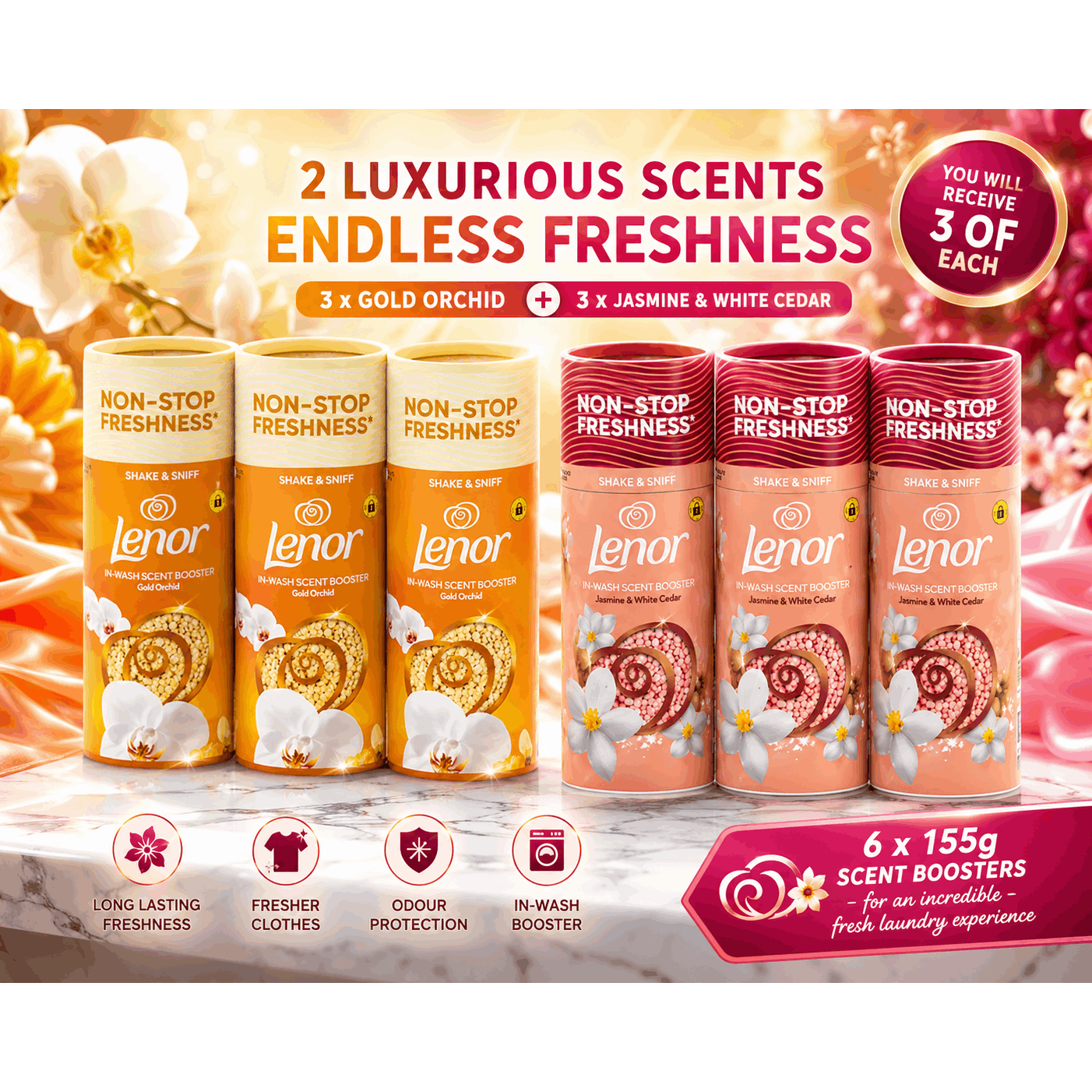 TEMU Scent Booster 6 Pack – 3 X Gold Orchid & 3 X Jasmine & White Cedar – 155g Each – In-wash Fragrance Boosters