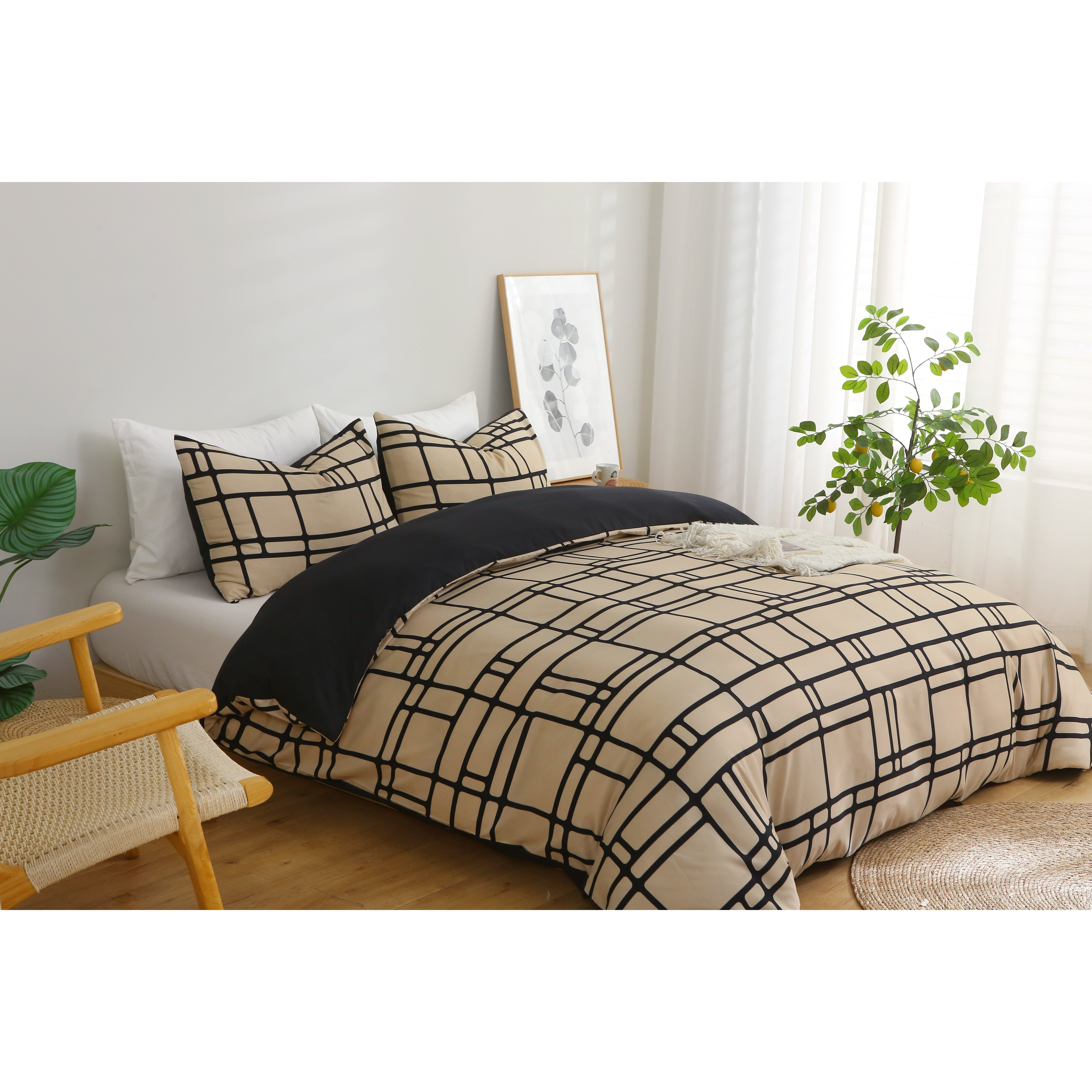TEMU 3pcs Brick Taupe & Black Microfiber Duvet Cover Set With Pillowcases, Soft Breathable Bedding Set, Zipper Closure, , Uk Single Double King Super