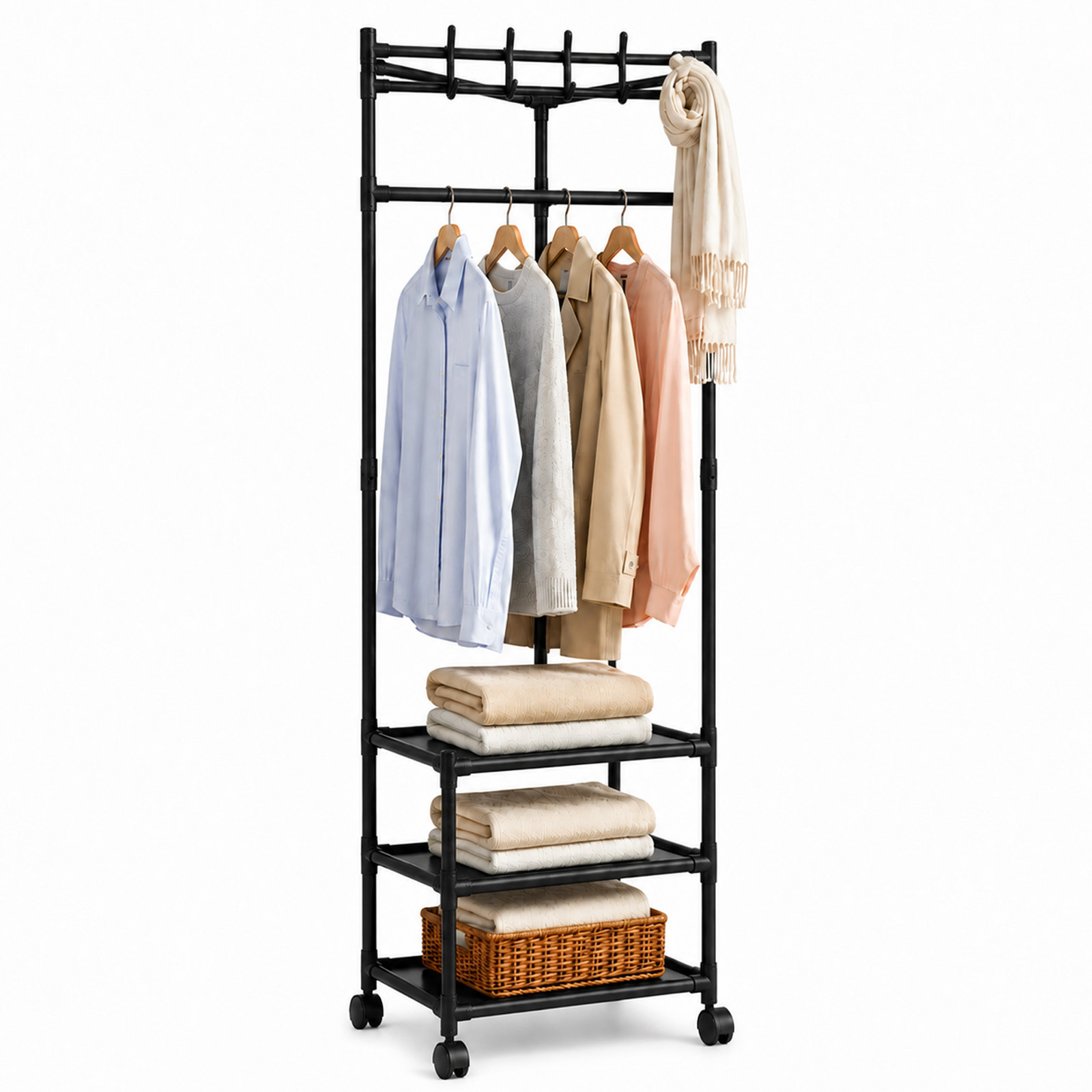 TEMU 1pc 2/3 Tier White/black Metal Independent Guard Rack With Hooks, Suitable For Bedroom And Living Room, Painted Surface, Perfect For Jackets,