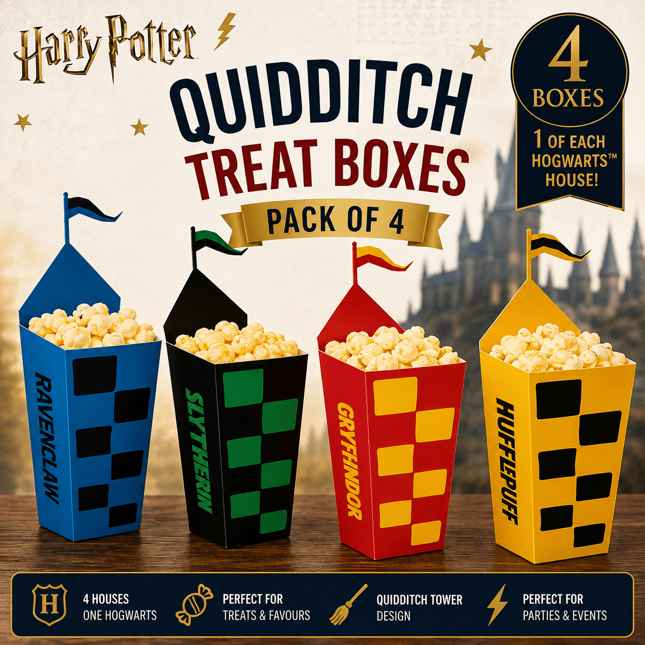 TEMU Harry Potter Hogwarts Treat Boxes – Pack Of 4 – Gryffindor, Slytherin, Ravenclaw & Hufflepuff Party Favour Boxes