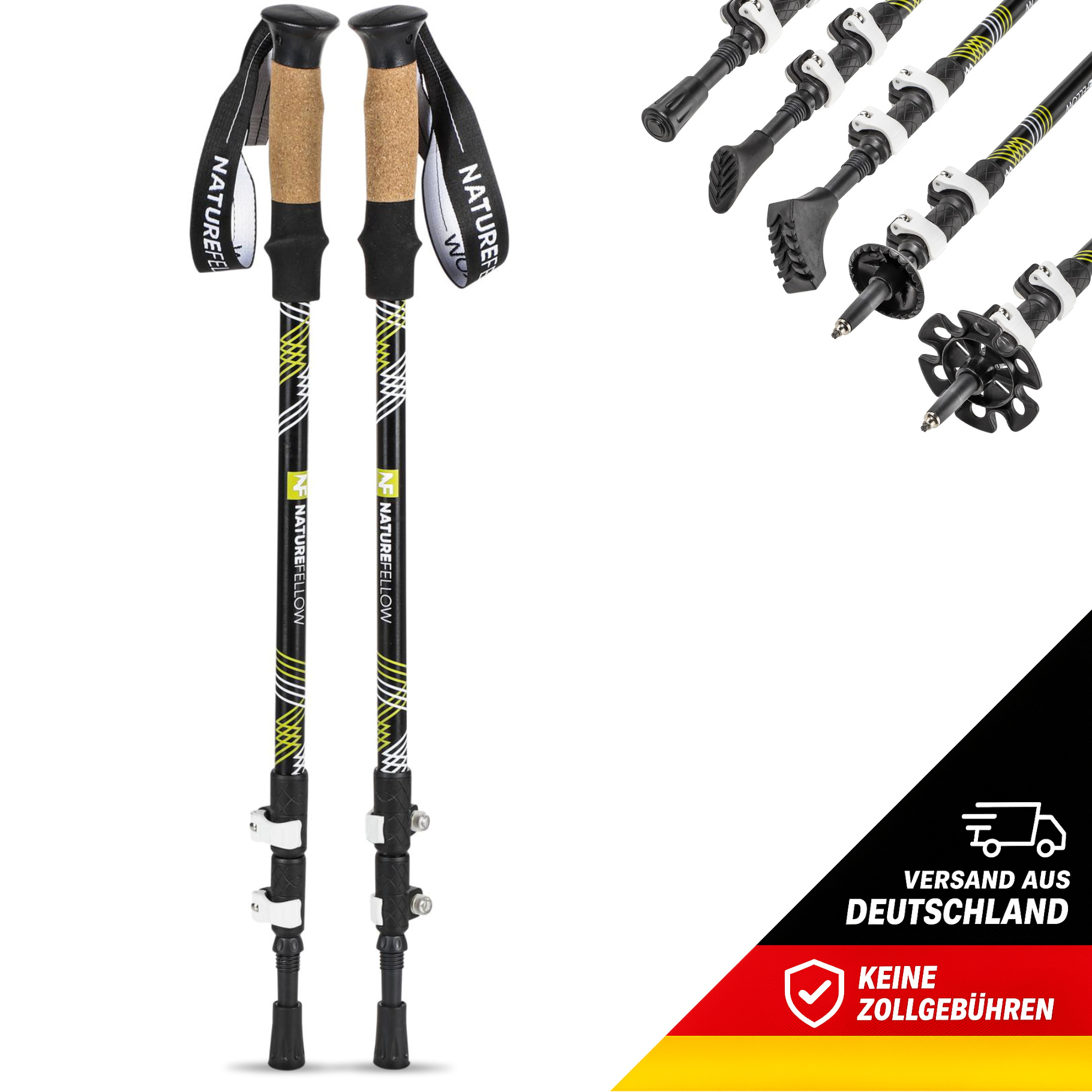 Image of Telescoping Trekking Poles 2pcs Set Made Of Aluminum – Nordic Walking Poles For , Adjustable Height 65-135 Cm – Foldable Hiking Poles With Hand Straps, Interchangeable Feet & Carrying Bag