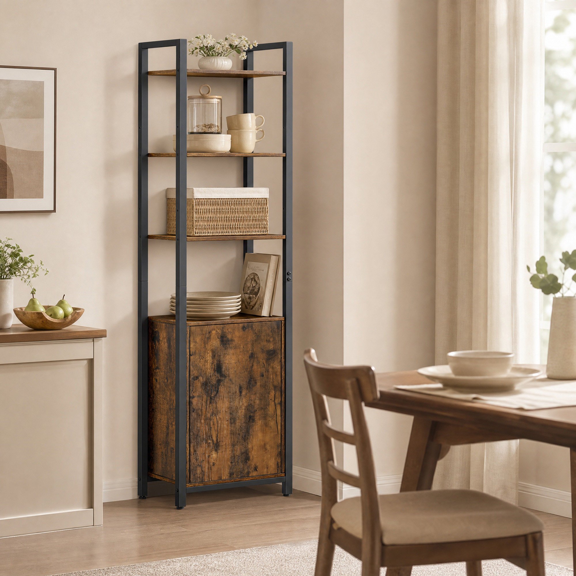 TEMU Industrial Bookshelf With 6 Shelves And Door, 40 X 24 X 159.5 Cm, Tan And Black