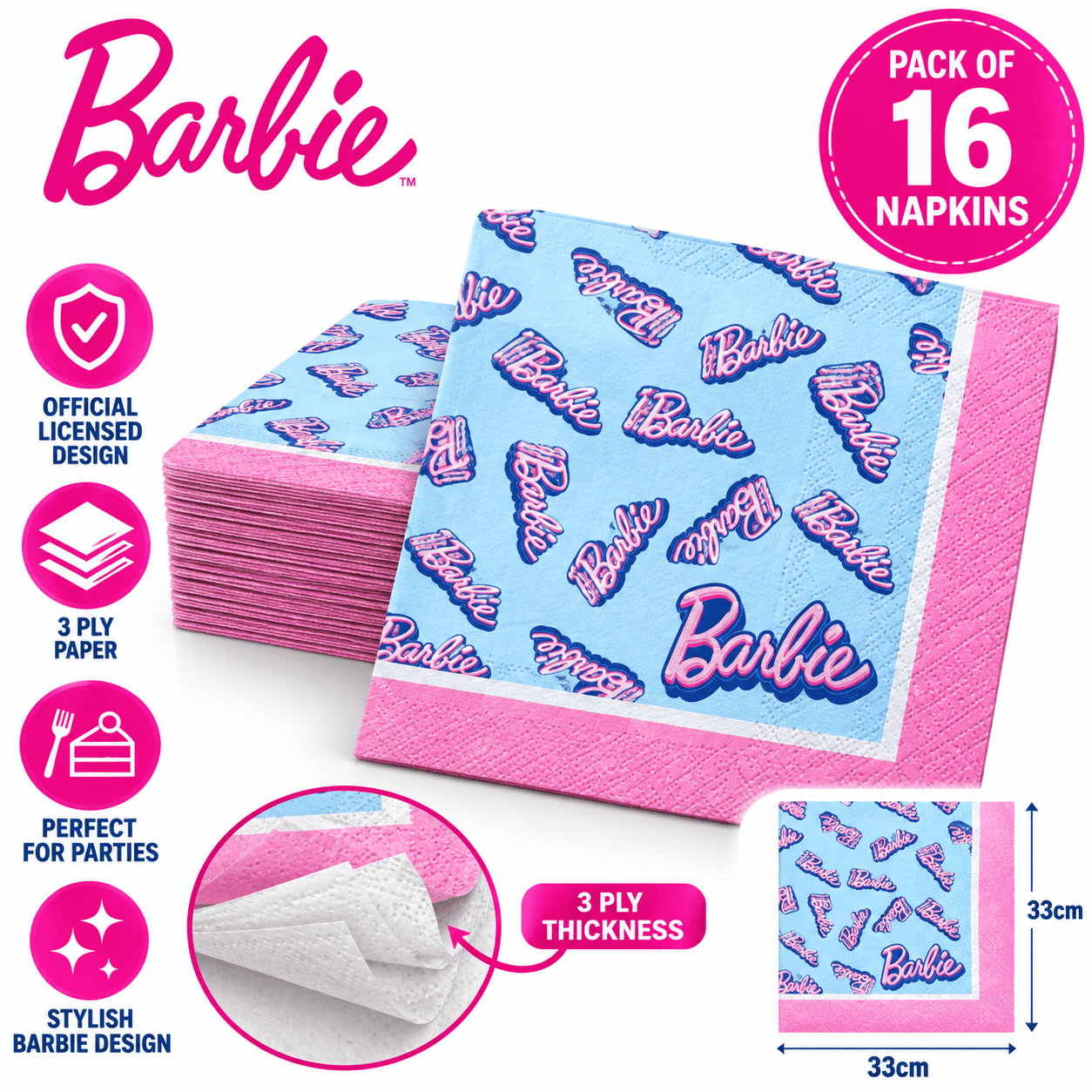 TEMU Party Napkins Pack Of 16 – 3 Ply Paper Serviettes – Official Licensed Pink & Blue Birthday Party Tableware For Kids Celebrations