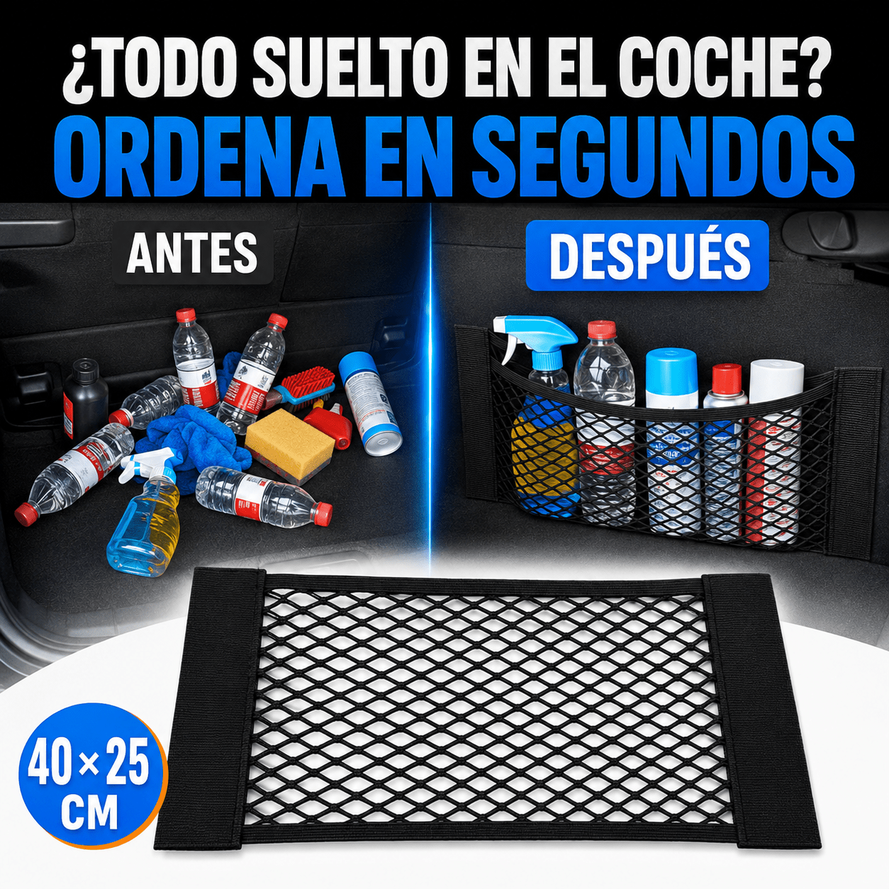 TEMU Organizador de Maletero para Coche 40 × 25 cm, Red Elástica de Almacenamiento con Fijación de Gancho y Bucle, Bolsa de Malla Autoadhesiva