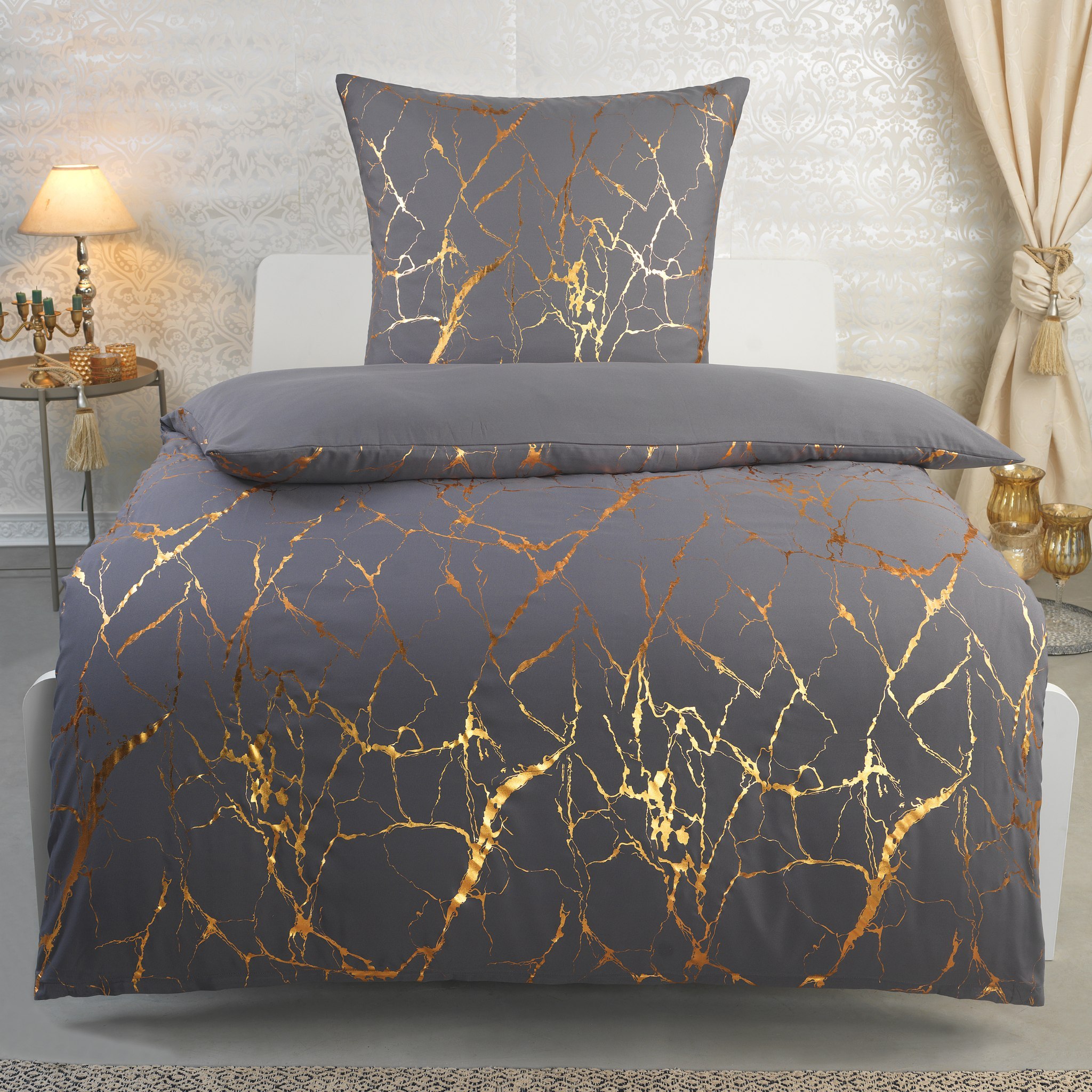 Image of Modern Bedding Set 135x200 Or 155x220 - Foil Print Marble Design - Microfiber Duvet Cover Set - Duvet Cover + Pillowcase 80x80 - Single Bed Set With Zipper