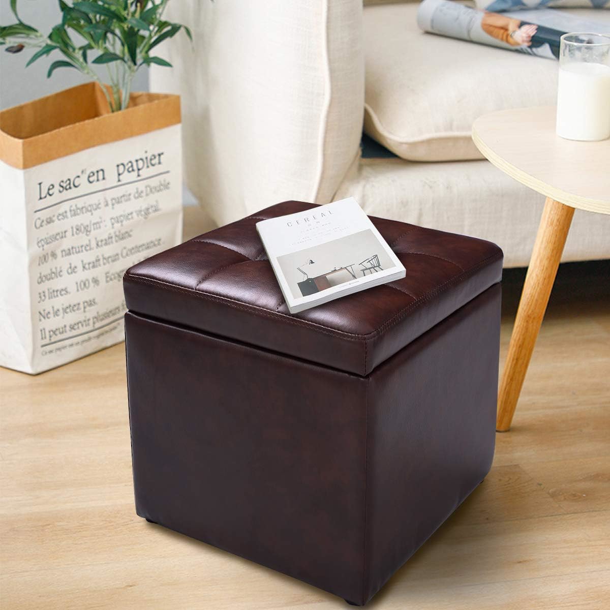 Image of Storage Stool, Storage Ottoman With Lid, Pu Cube Seat, Upholstered Stool With Wooden Frame, 40x40x40cm