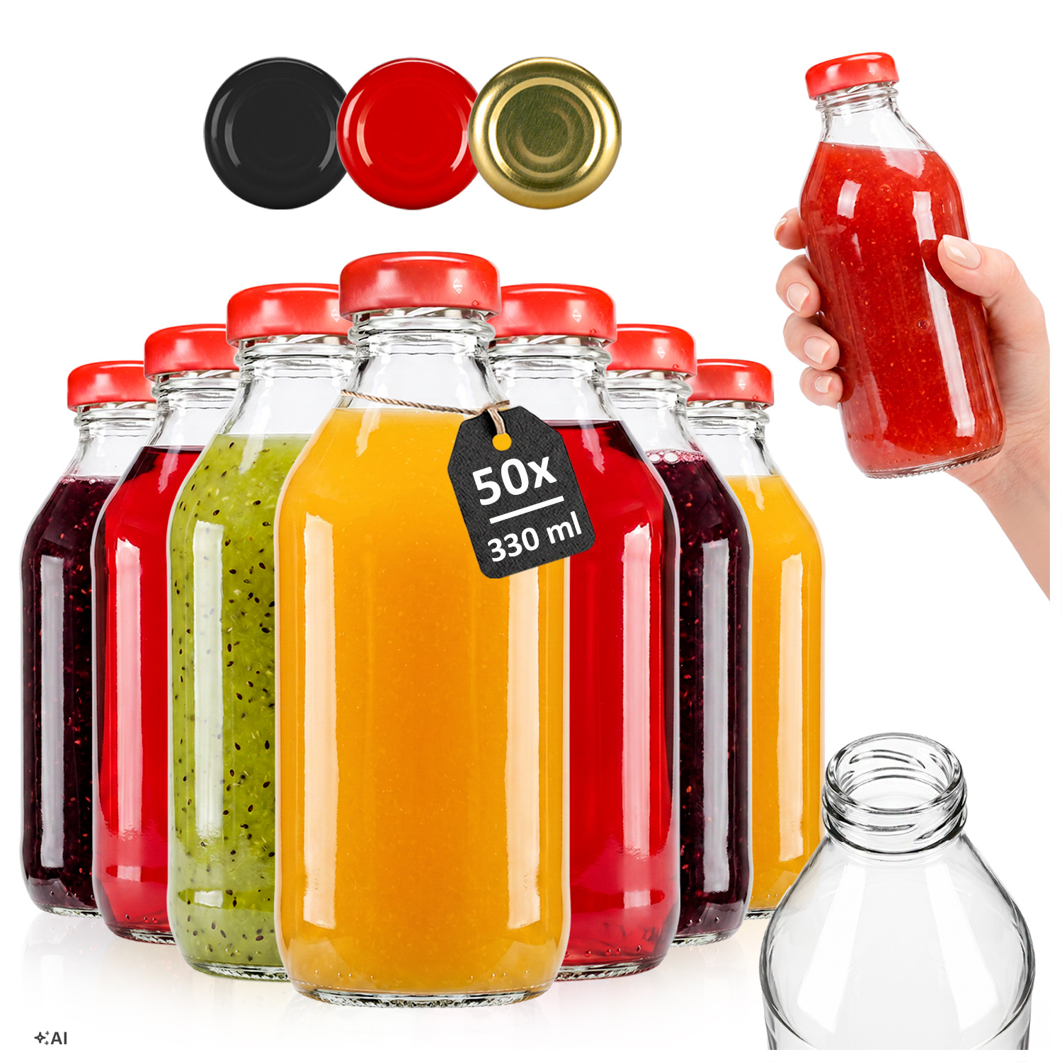 50x Cubic Bottle 330ml Bottle For Juice Juices Drinks Cider + Caps + Free