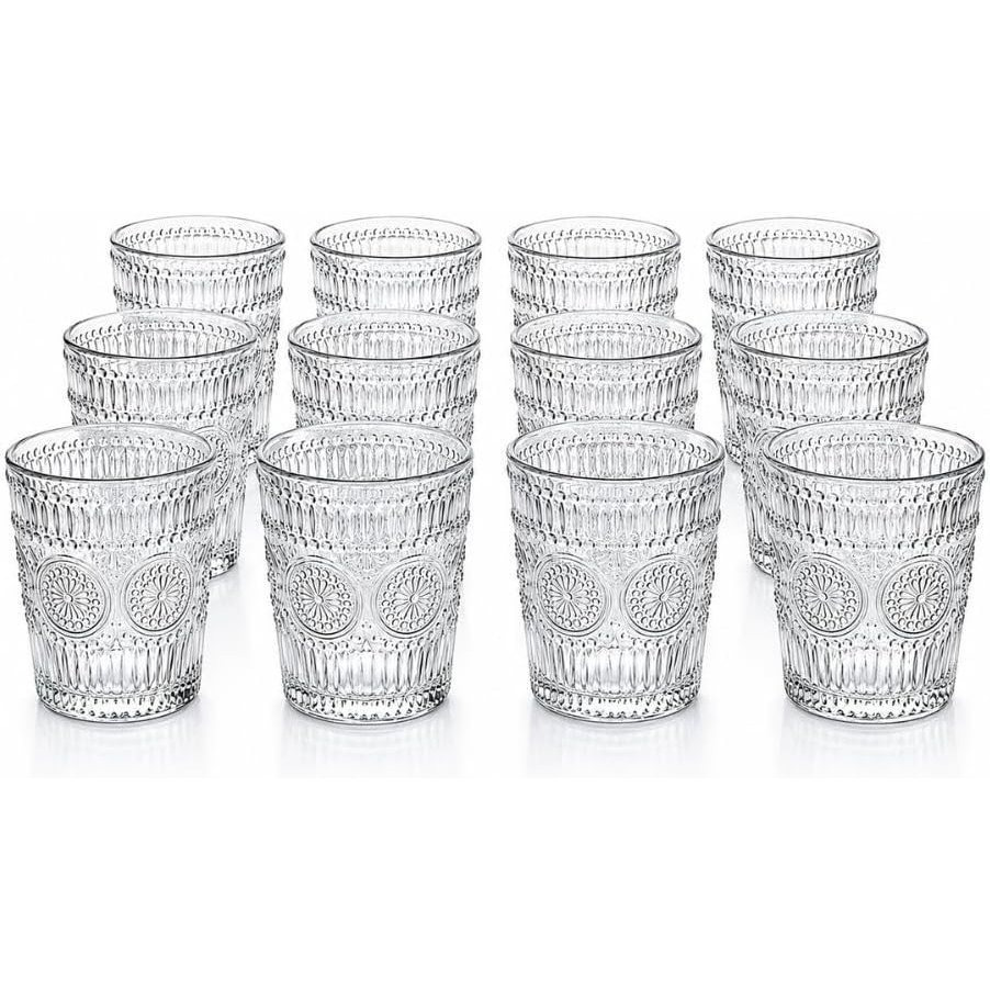 TEMU Juego de 12 vasos de vidrio transparente de 290 ml - Vasos para agua y bebidas con decorativo, vidrio resistente