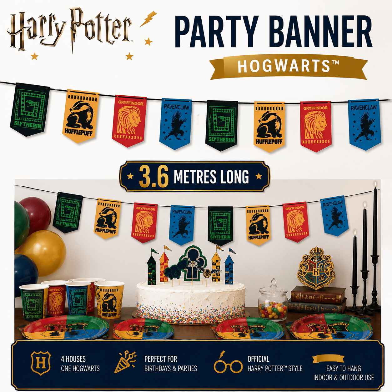 TEMU Harry Potter Hogwarts Party Banner – 3.6 Metres Long – Gryffindor, Slytherin, Ravenclaw & Hufflepuff Hanging Decoration