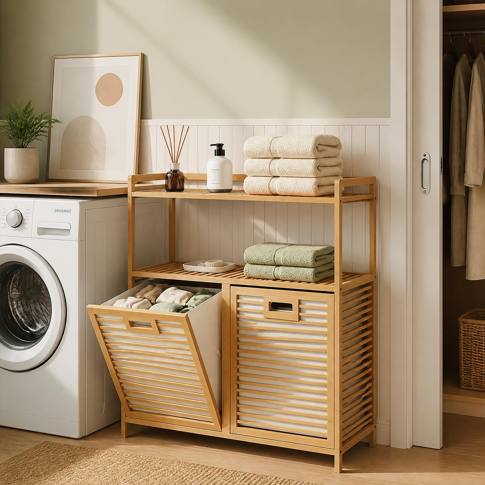 Image of 2-compartment Laundry Basket, Laundry Hamper With 2 Shelves And 2 Pull-out Laundry Bags, For Bathroom, Laundry Room, Or Bedroom