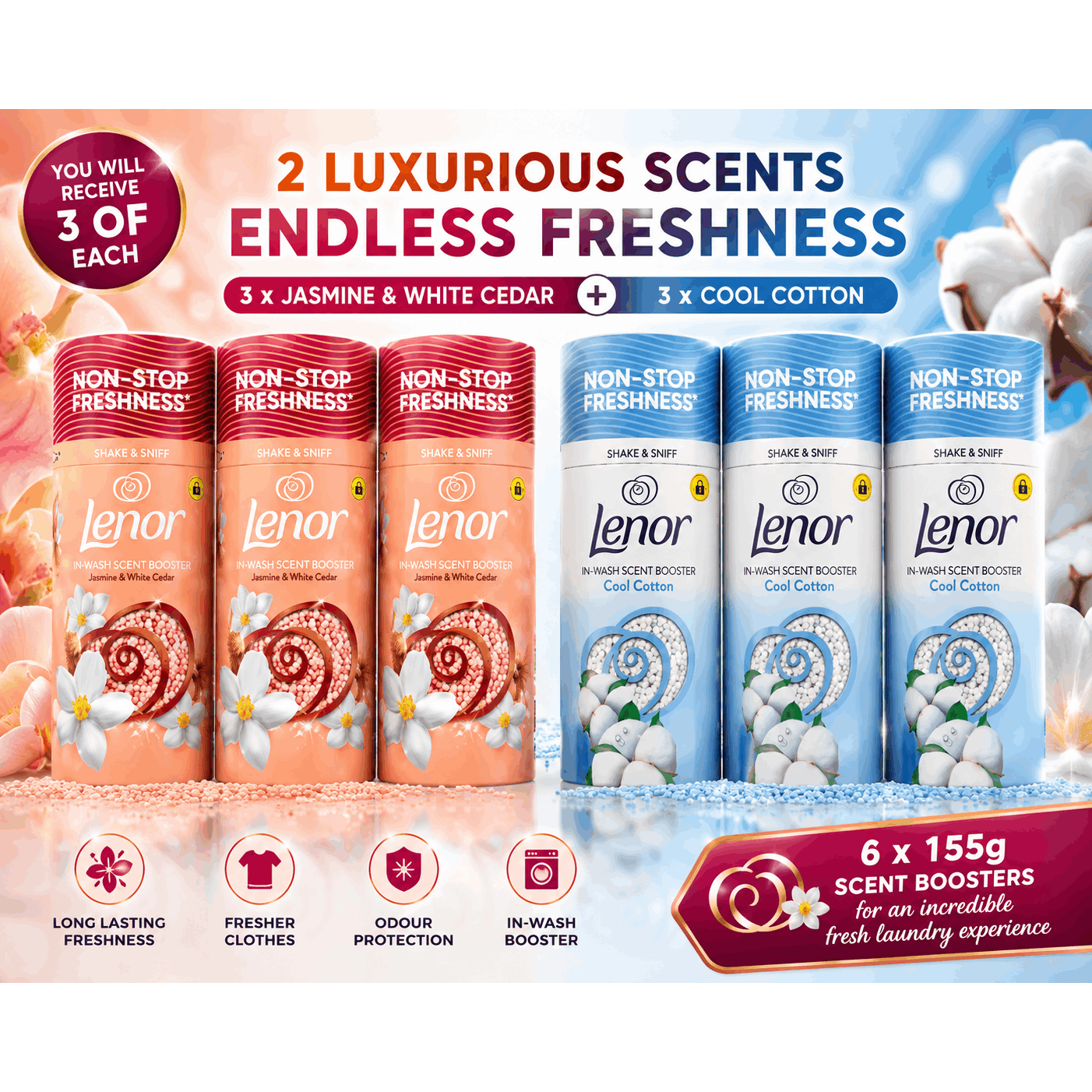 TEMU Scent Booster 6 Pack – 3 X Jasmine & White Cedar + 3 Cotton – 155g Each – In-wash Fragrance Boosters