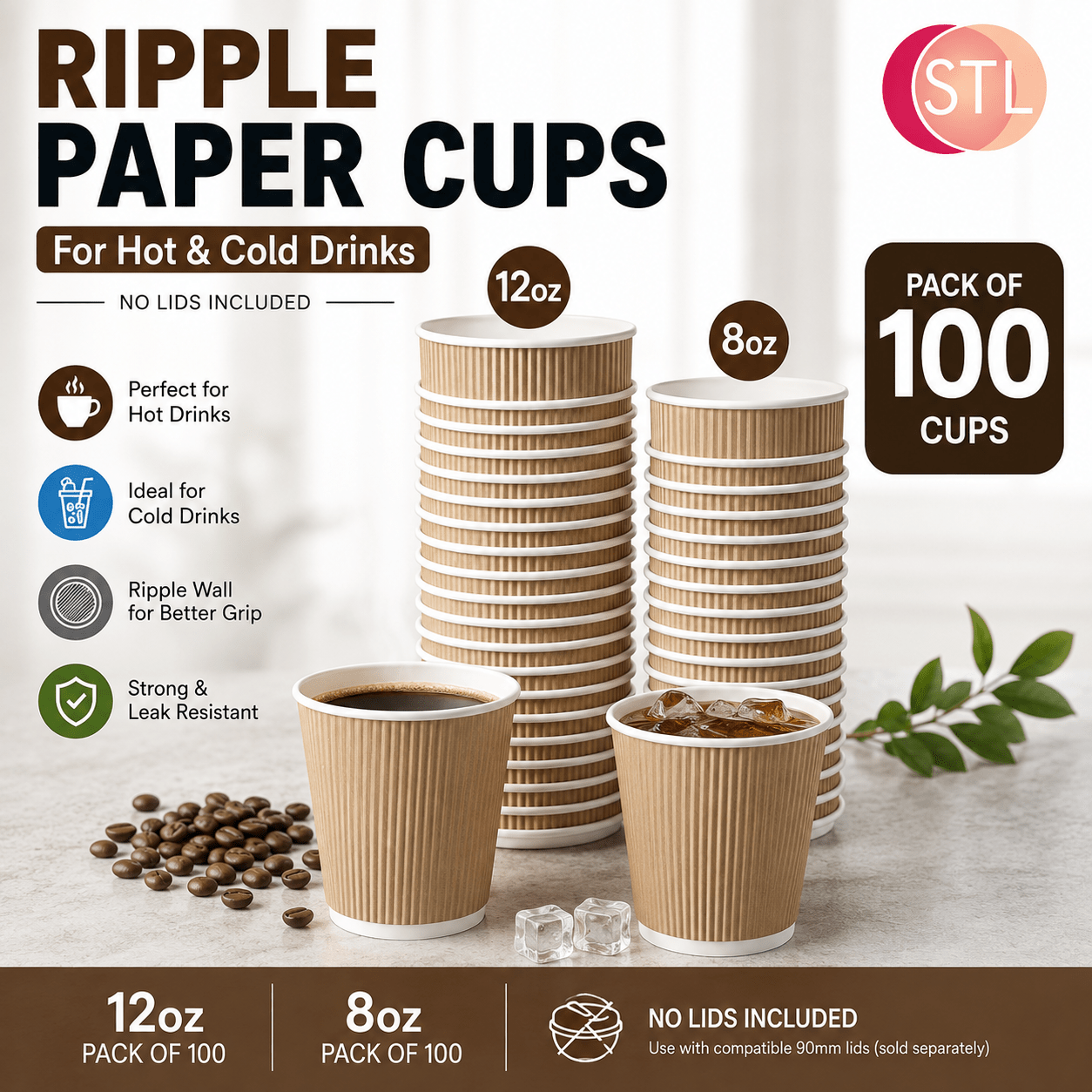 TEMU Stl Ripple Wall Paper Cups 8oz / 12oz – Pack Of 100 Disposable Coffee Cups, Double Wall Corrugated Hot Drink Cups, Insulated Tea, Coffee, Hot