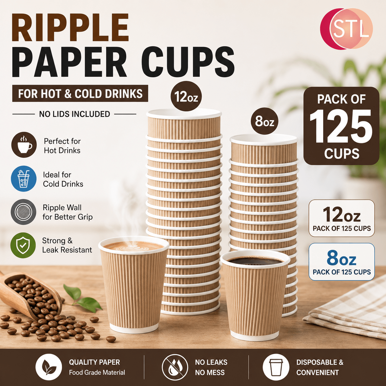TEMU Stl Ripple Wall Paper Cups 8oz / 12oz – Pack Of 125 Disposable Coffee Cups, Double Wall Corrugated Hot Drink Cups, Insulated Tea, Coffee, Hot