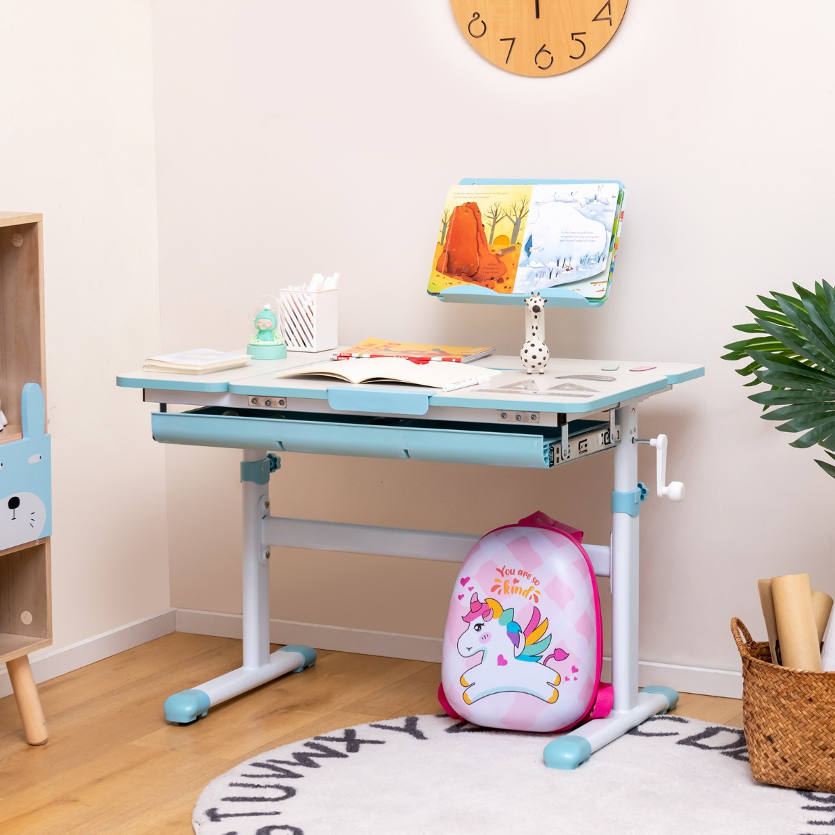 Image of Kids Ergonomic Desk With Adjustable Height, Children Writing Desk With Scale Ruler, Surface, Storage Drawer & Book Holder, Toddler Study Table, Gift For Boys And Girls Aged 3-12 Years Old