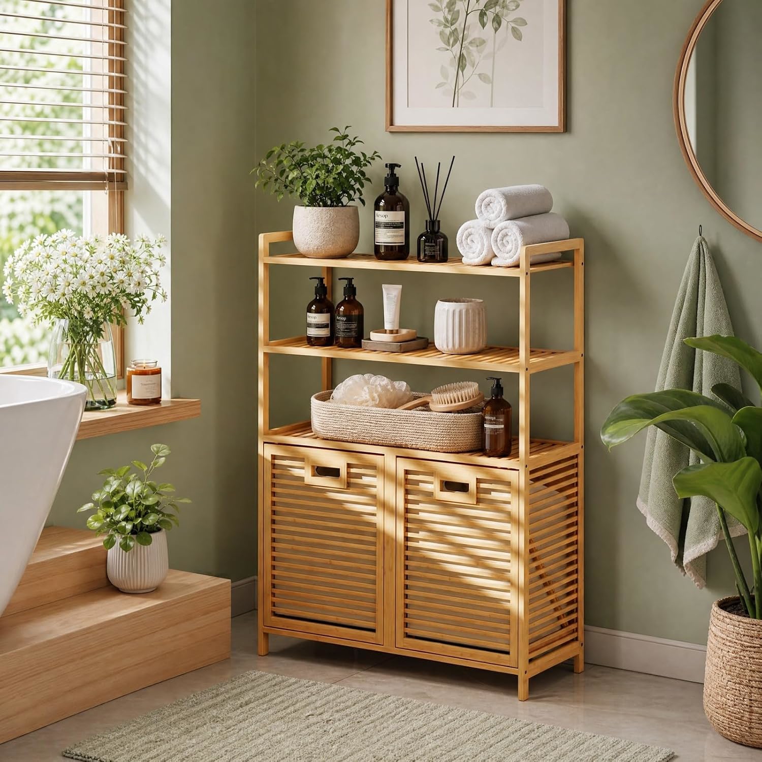 Image of Bamboo Laundry Hamper, Tilt-out Laundry Hamper Cabinet 3-tier Storage Shelf 2 Removable Laundry Baskets, 54 L/14 Gallon Laundry Sorter Organizer 2 Anti-tipping Kits For Bathroom, Laundry Room