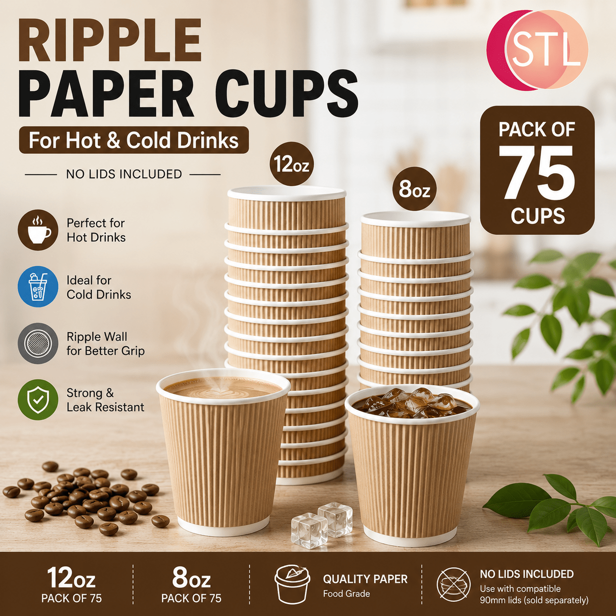 TEMU Stl Ripple Wall Paper Cups 8oz / 12oz – Pack Of 75 Disposable Coffee Cups, Double Wall Corrugated Hot Drink Cups, Insulated Tea, Coffee, Hot