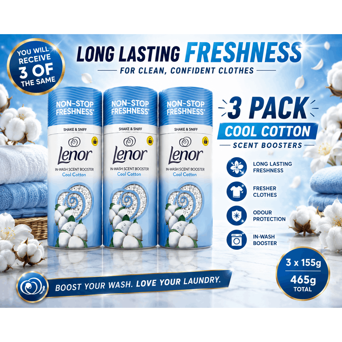 TEMU Cool Cotton In-wash Scent Booster 3 Pack – 3 X 155g – Long- Laundry Fragrance