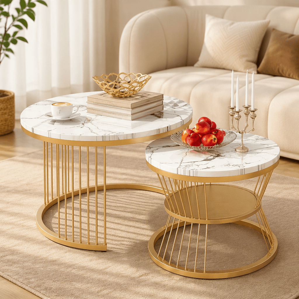 TEMU Lot de 2 tables basses rondes , marbre et placage, table d'appoint et table de canapé, tables gigognes empilables