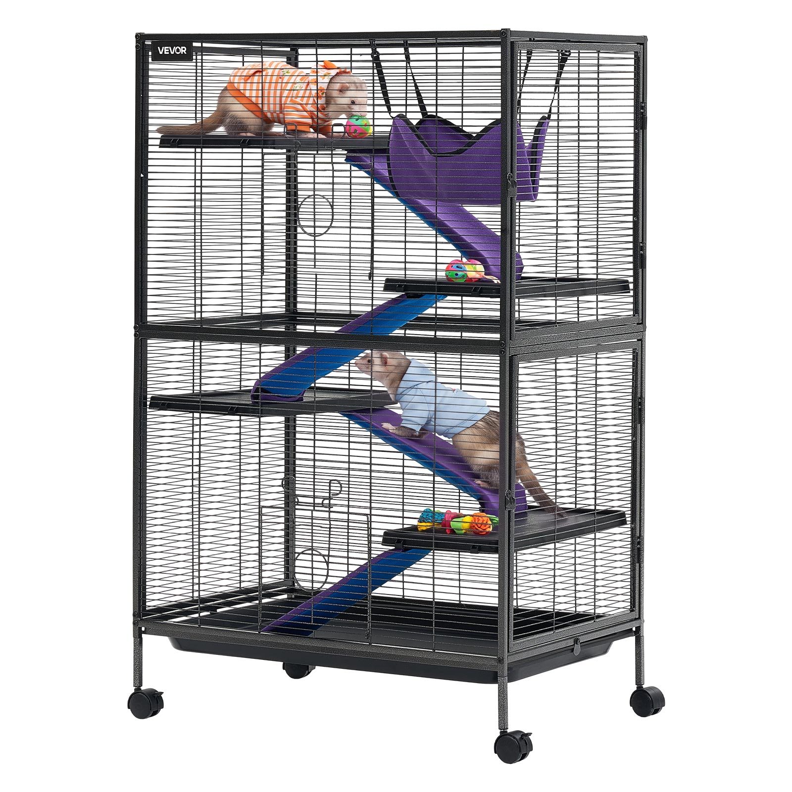 Image of Metal Small Animal Cage 50"h 5-tier Rolling Ferret Cage On Wheels, 0.55" Wire Large Cages With Hammock, Ramps, Tray & Doors For Ferret, Chinchilla, Sugar Glider, Guinea Pig & Rabbit