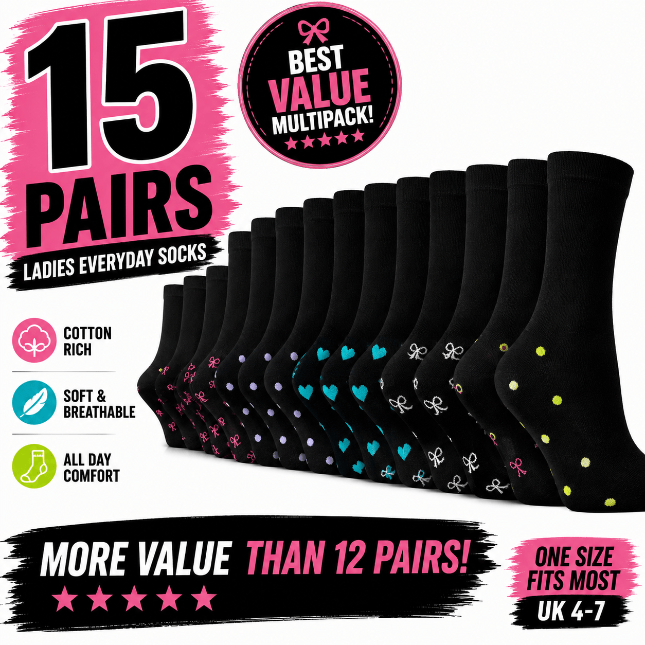 TEMU 15 Pairs Ladies Socks Uk 4- Heart Bow & Dot Pattern Crew Socks Soft Comfortable Everyday Casual Multipack