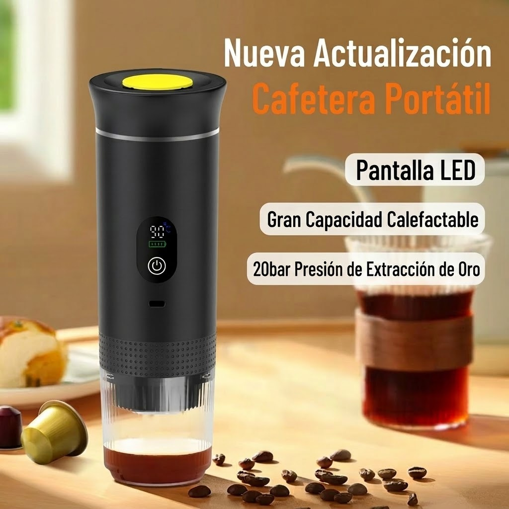 TEMU Cafetera Espresso Portátil , Máquina de Café Eléctrica con Calentamiento Rápido, 20 Bar, Pantalla LED, Recargable por USB-C, Compatible con