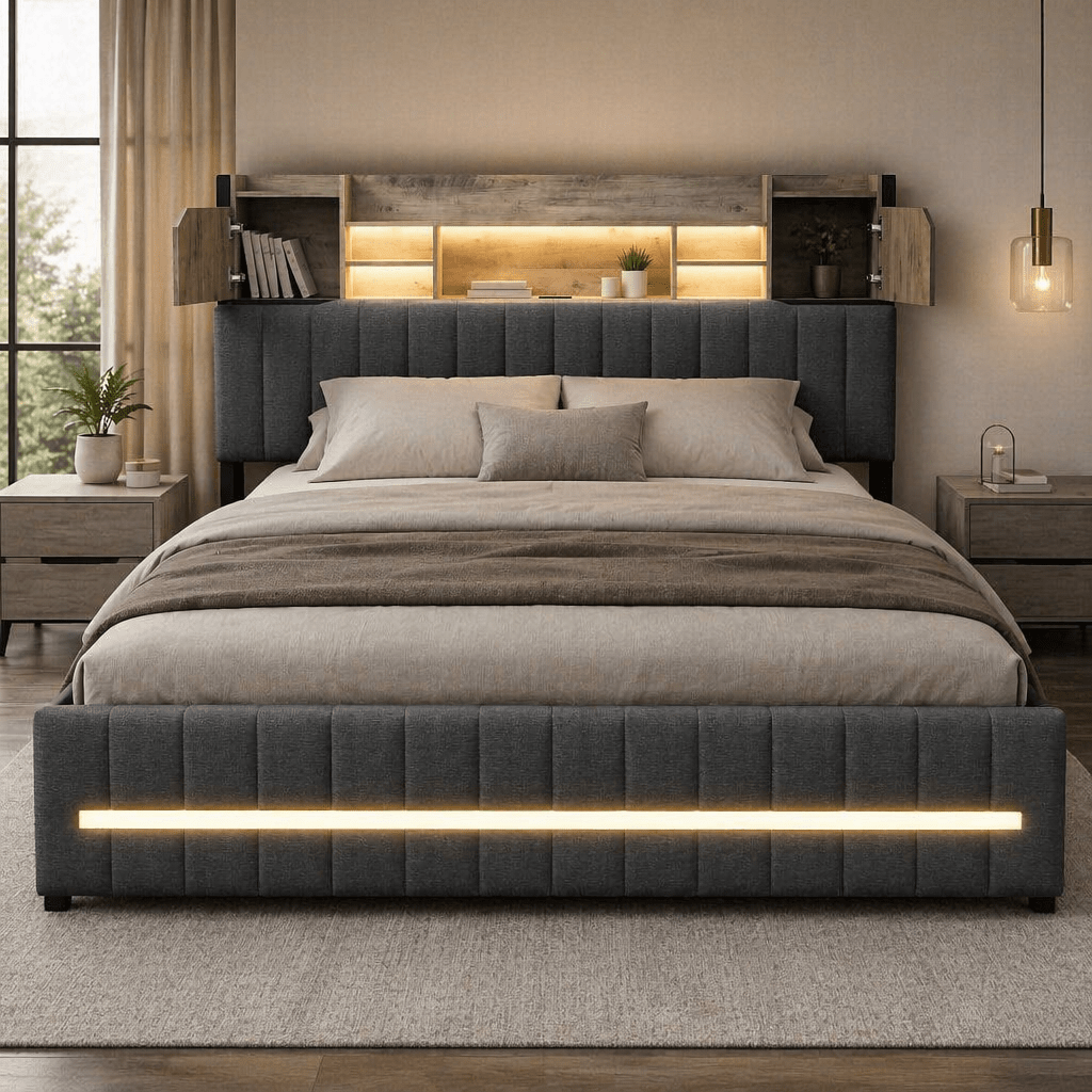 TEMU Lit double avec sommier, tête de lit et 4 tiroirs, éclairage LED et port USB, coffre matelassé pour 2 personnes, cadre de lit avec sommier