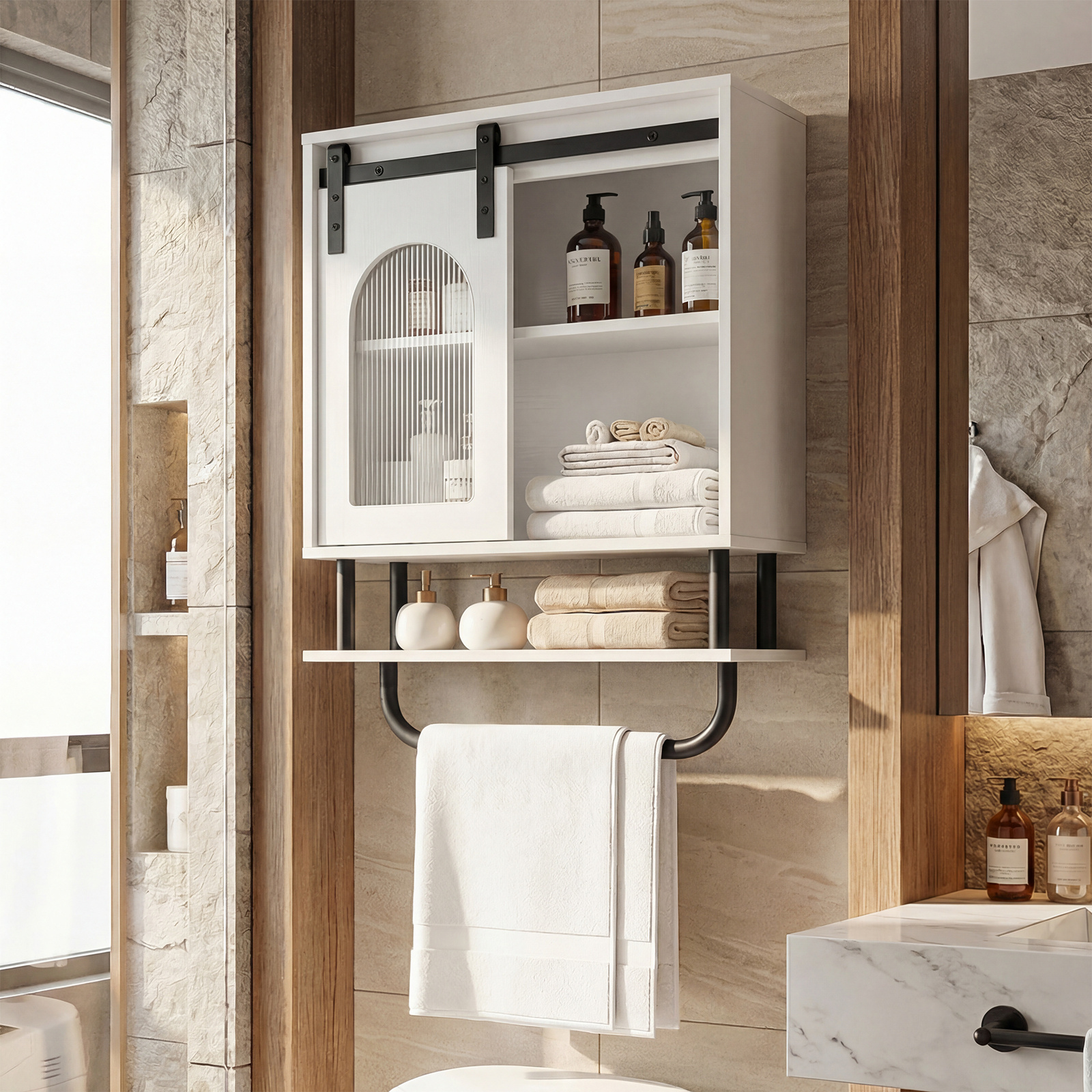 Image of Bathroom Wall Cabinet, Industrial Medicine Cabinet With Sliding Barn Door & Metal Hanging Bar, 3-tier Wooden Wall-mounted Storage Organizer For Kitchen, Laundry, Living Room