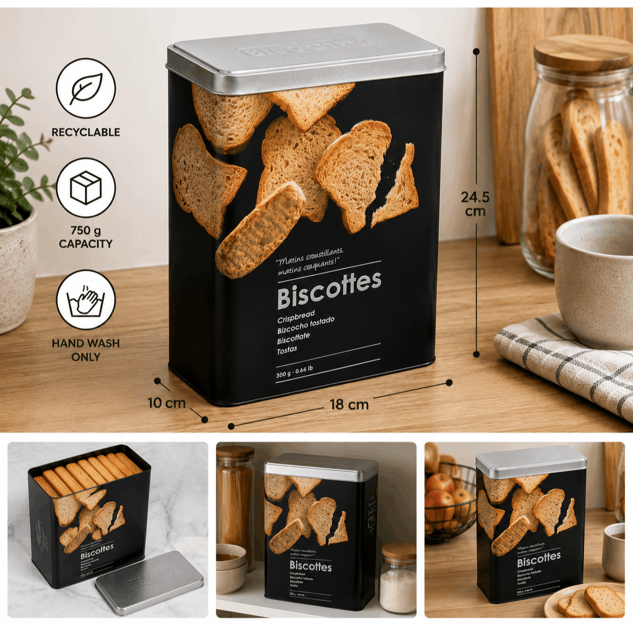 TEMU Scatola per biscotti in metallo con - Scatola portaoggetti a da 750G - 25 � 15 � 15 cm - Contenitore per biscotti e prodotti secchi