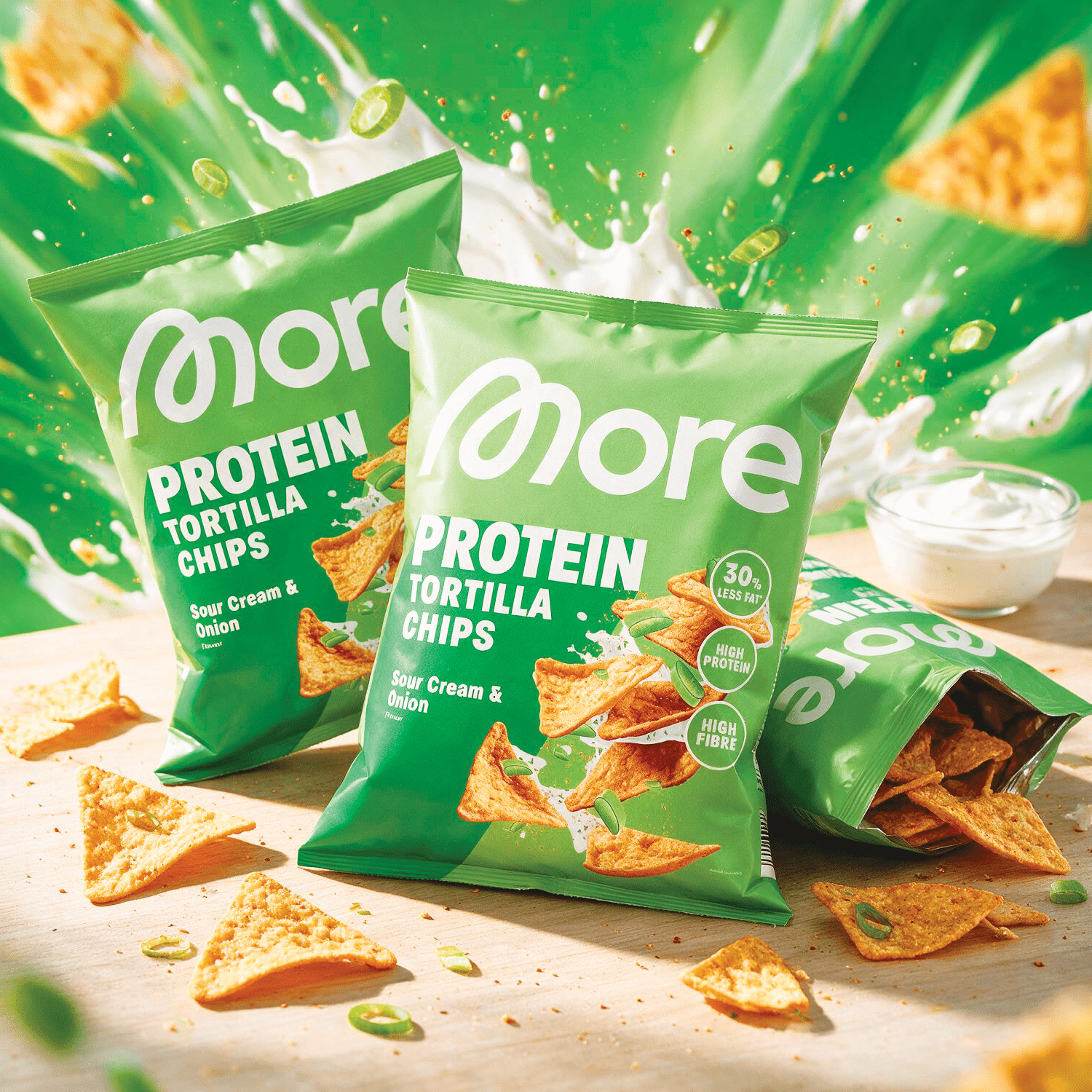 Image of 3er Pack More Protein Tortilla Chips Sour Cream & Onion 3x50g
