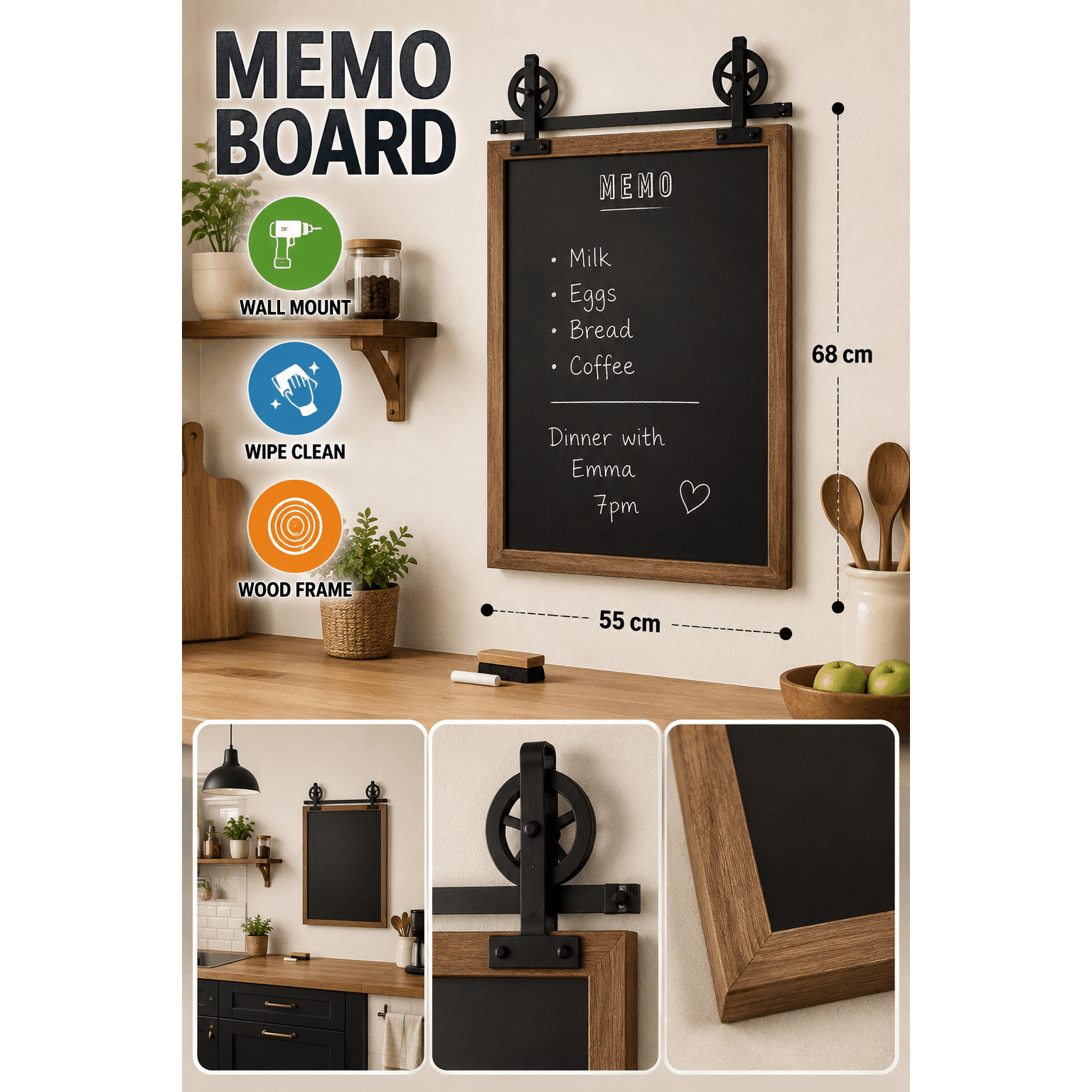 Black Chalkboard Wall Table With Wood Effect Frame – Erasable Dry-erase Memo With Pulley-style Suspension – 55 X 68 Cm