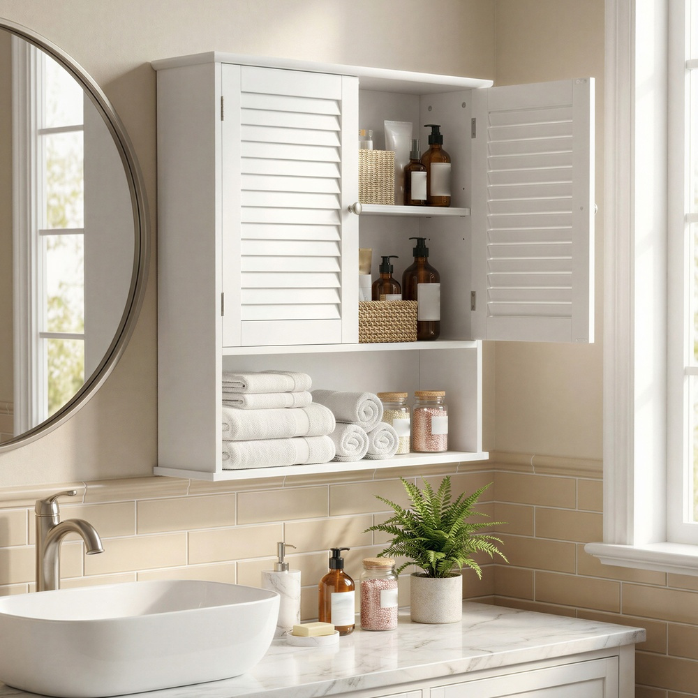 TEMU Bathroom Wall Cabinet With 2 Louvre Doors And Open Compartment, 60 X 20 X 70 Cm, White