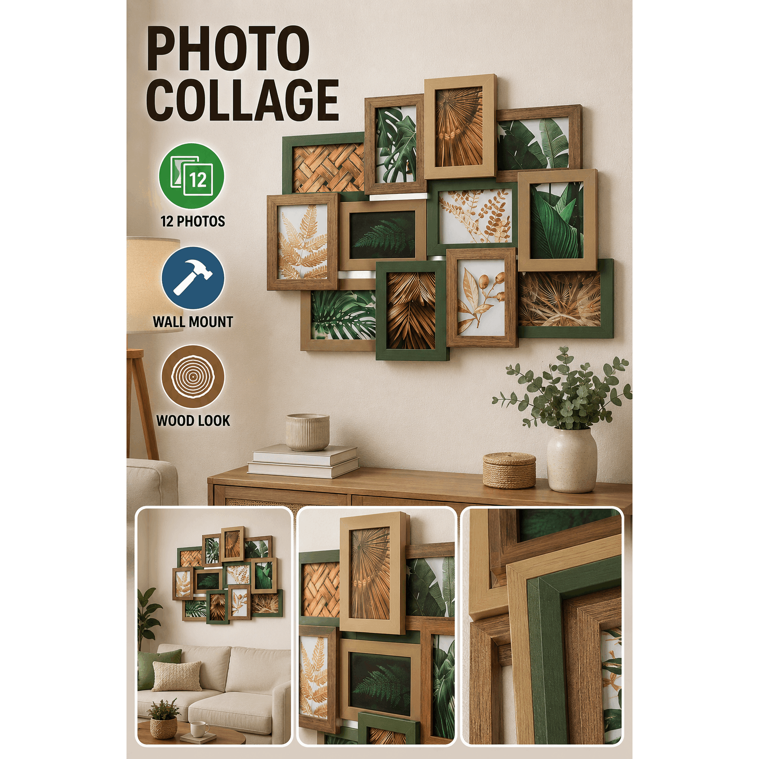 TEMU Photo Mural 12 Cadres – Cadre Multivues en Bois Effet Naturel Multicolore, Décoration Murale Horizontale pour Salon, Chambre et Entrée