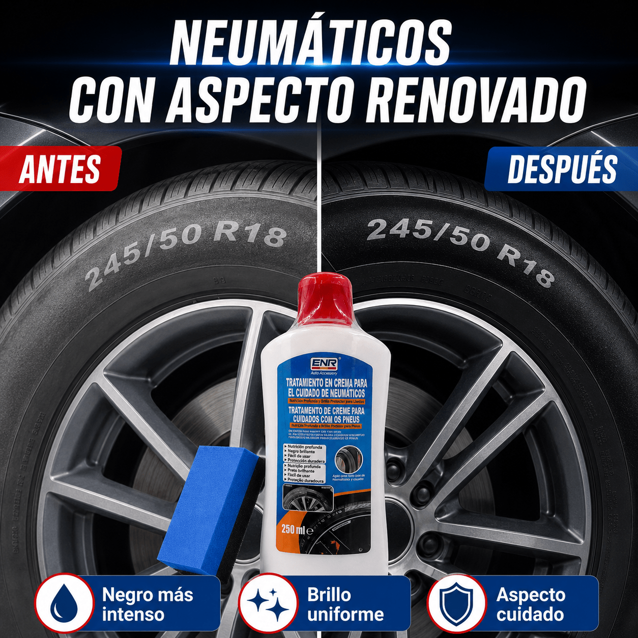 TEMU Crema para Neumáticos 250 ml con Esponja, Abrillantador y Acondicionador de Negro para de Llantas, Renovador de para Coche, Moto, SUV, 4x4 y
