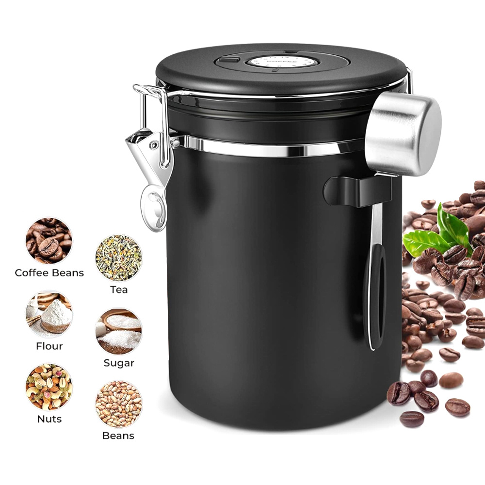 Image of Airtight Stainless Steel Coffee Canister 2.8l Glass With Lid, Coffee Bean Storage Container With Date Indicator, Storage Jars With Lid For Coffee Beans, Nuts, , Tea & Nuts, Black
