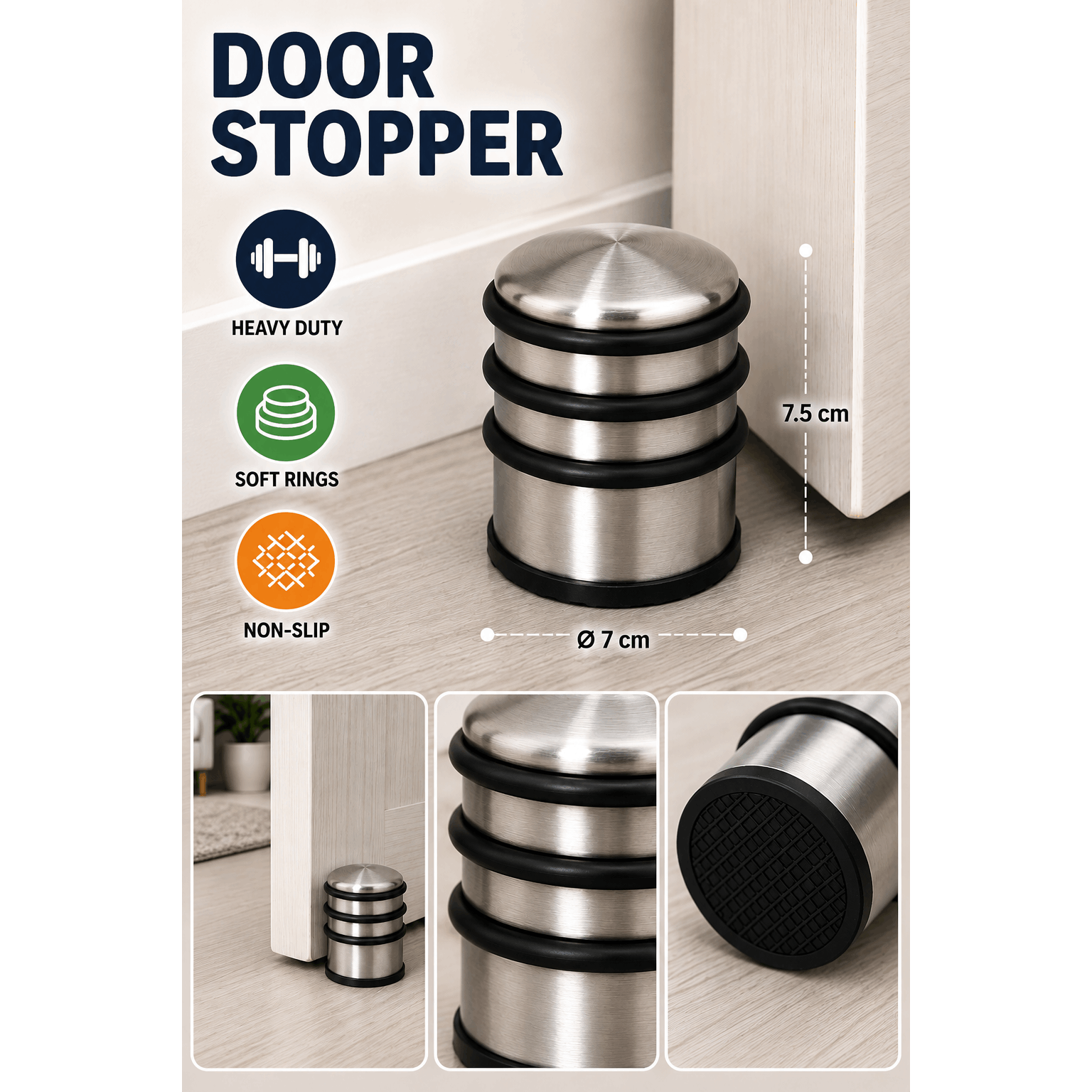 TEMU Butée de Porte en Acier Inoxydable – Stop Porte Lourd avec 3 Anneaux de Protection, Base Antidérapante – diamètre 7 x H 7,5 cm