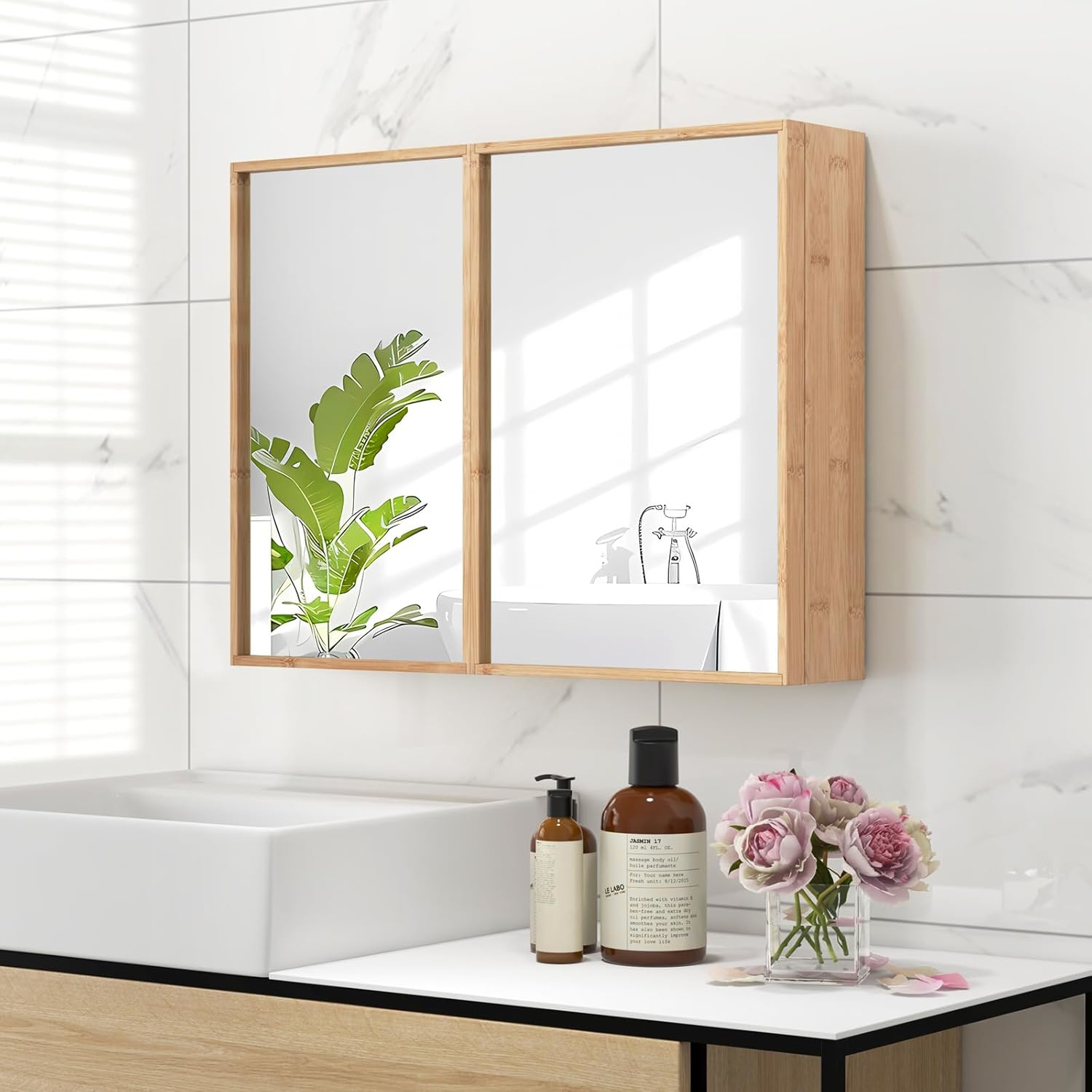 Image of Bathroom Wall Cabinet With Mirror, Bamboo Double Door Medicine Cabinet W/ 2 Adjustable Shelves, Wall Mounted Storage Cabinet W/ Reversible Doors For Bathroom, Living Room, Entryway, Natural